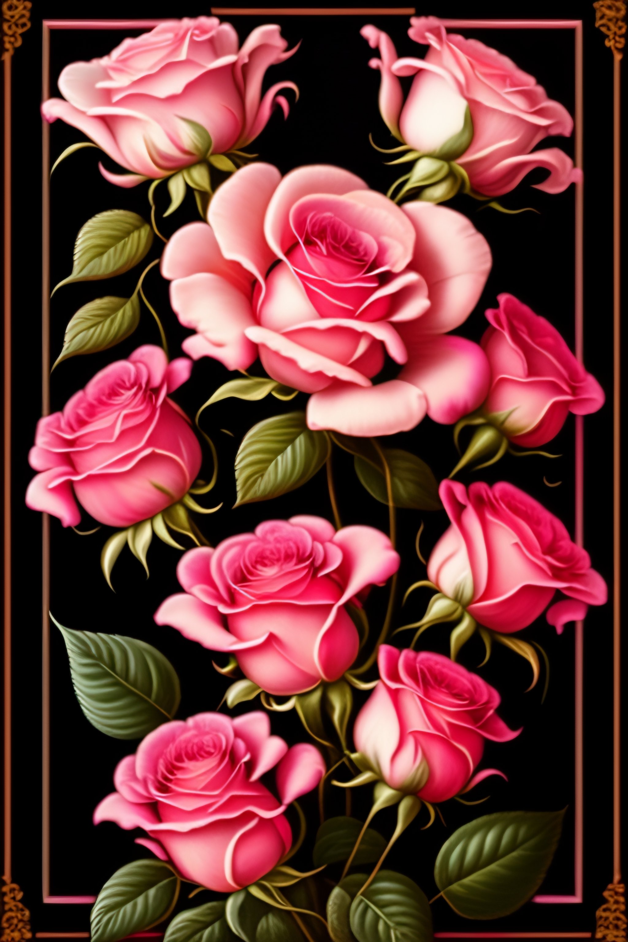 Lexica - A bouquet of pink roses against a black background, classical ...