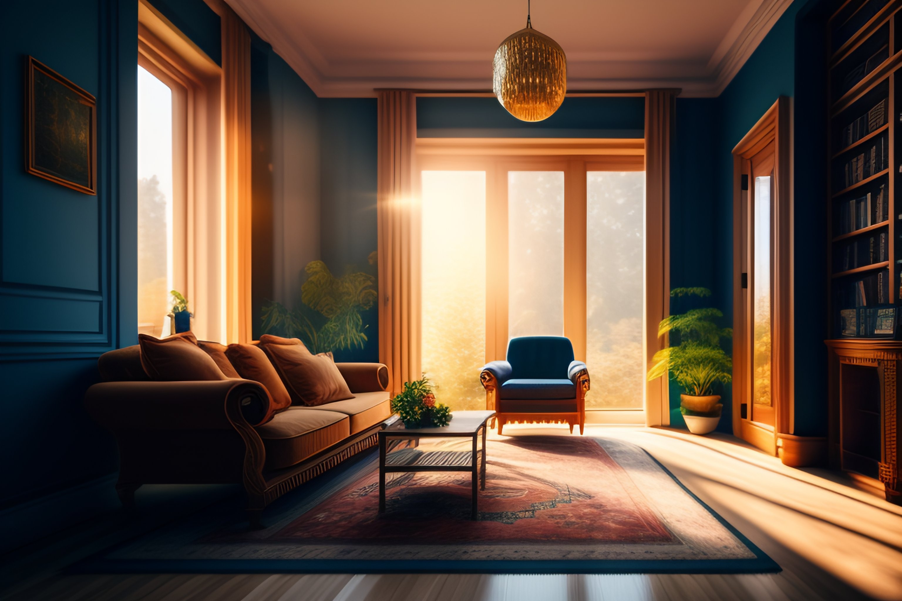 Lexica - A beautiful living room with a large window and shining rays of sunlight  and a carpet shelves with old details and a man sitting on the chai...