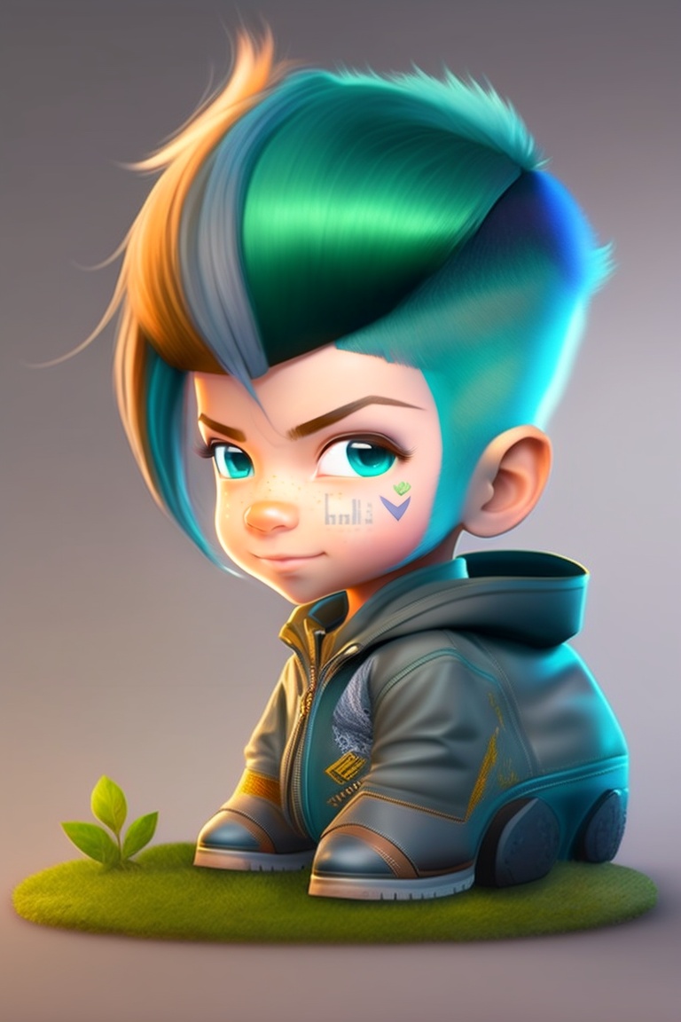 Lexica - Green hair brown boy in gray zipper top, staning centre of a ...