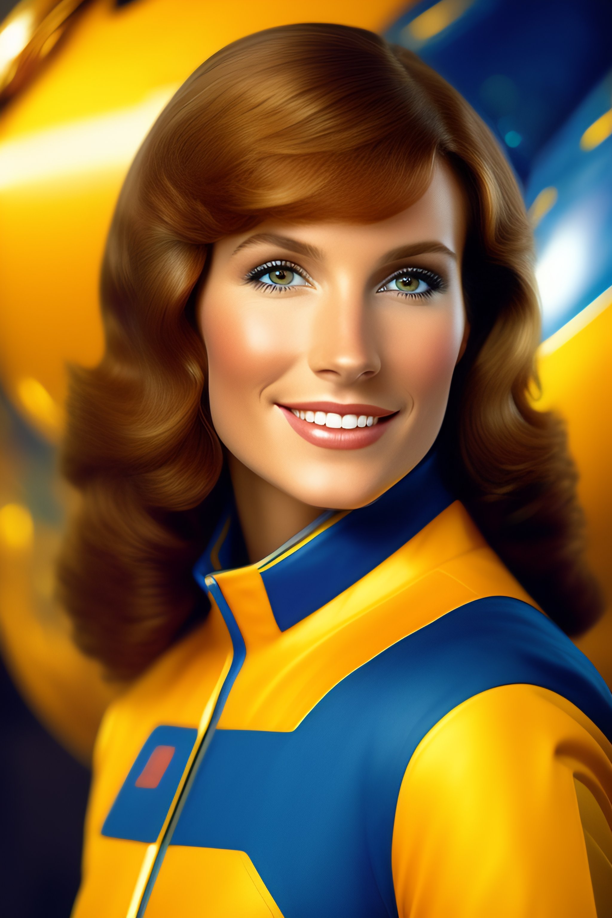 Lexica - A young woman with light brown hair in front of a shiny ...