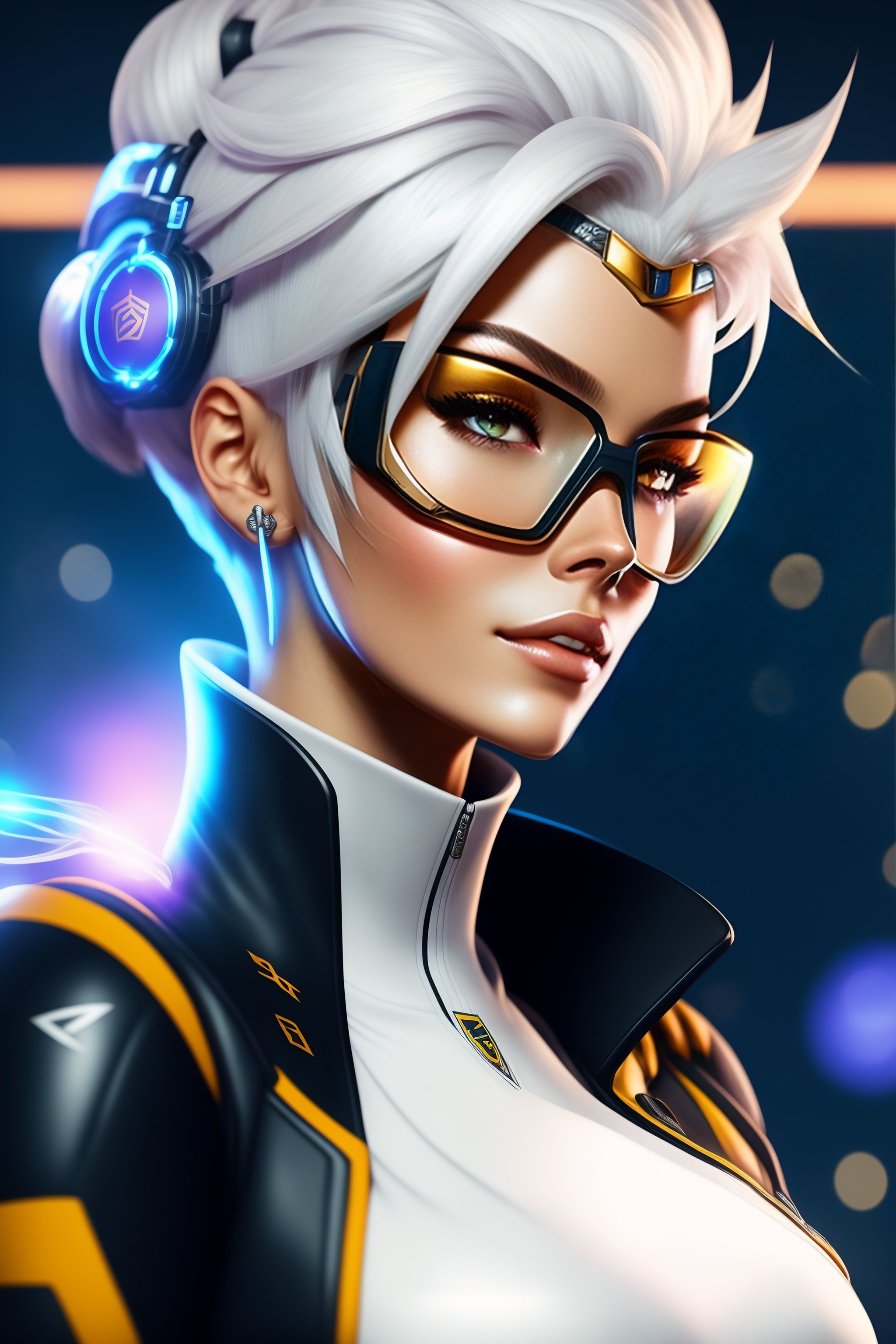 Lexica - 15 years, White Hair Tracer, With Special Futuristic Glasses,  Overwatch, Anime syle.