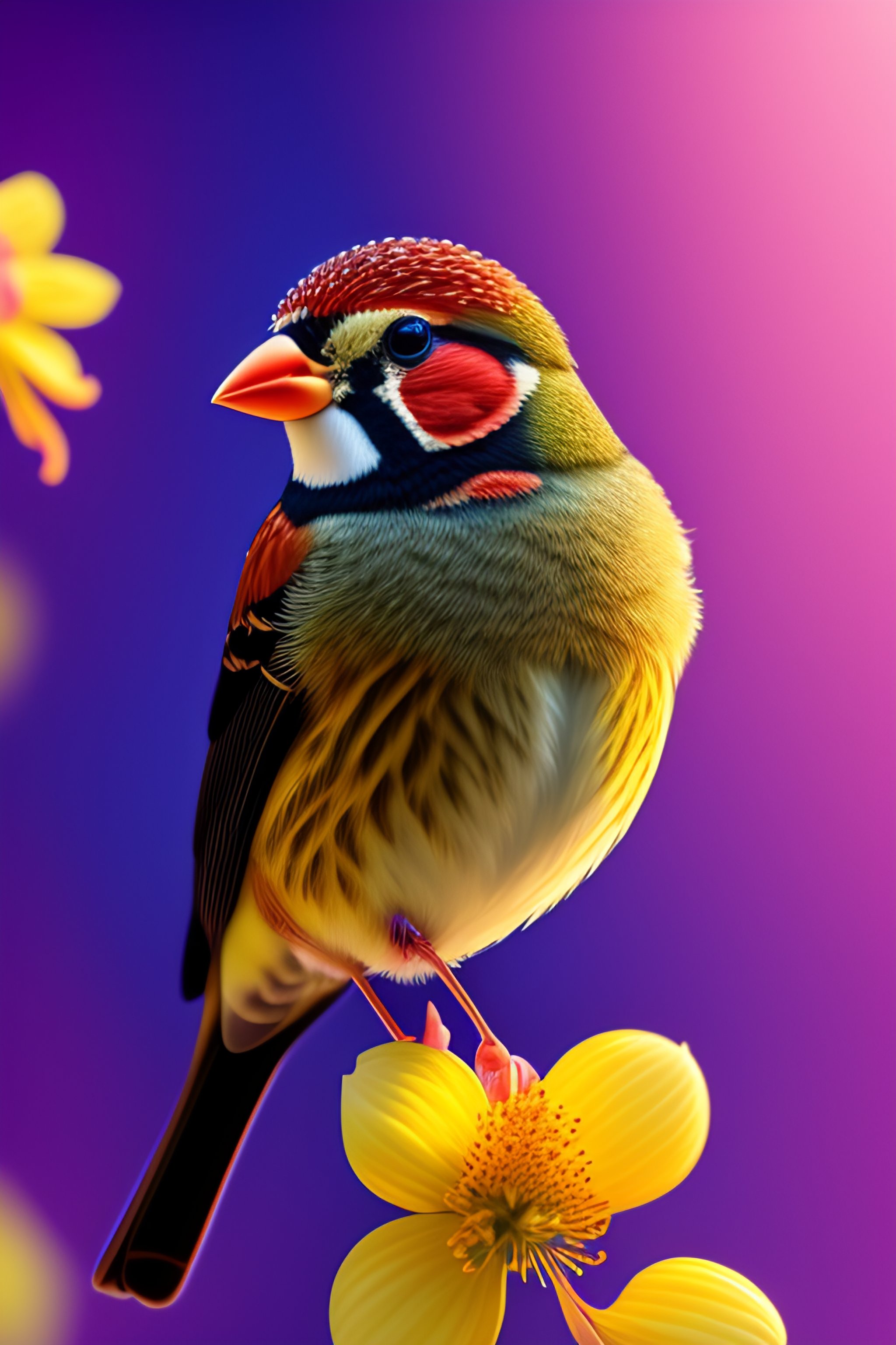 Lexica - A tiny finch on a branch with (spring flowers on background:1. ...
