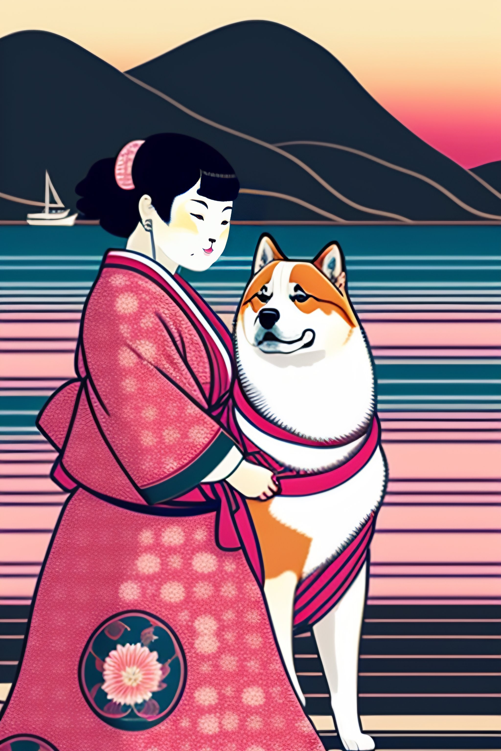 Lexica - Ukiyo-e Style Print Of A Akita Inu Wearing A Soft Pink Yukata 