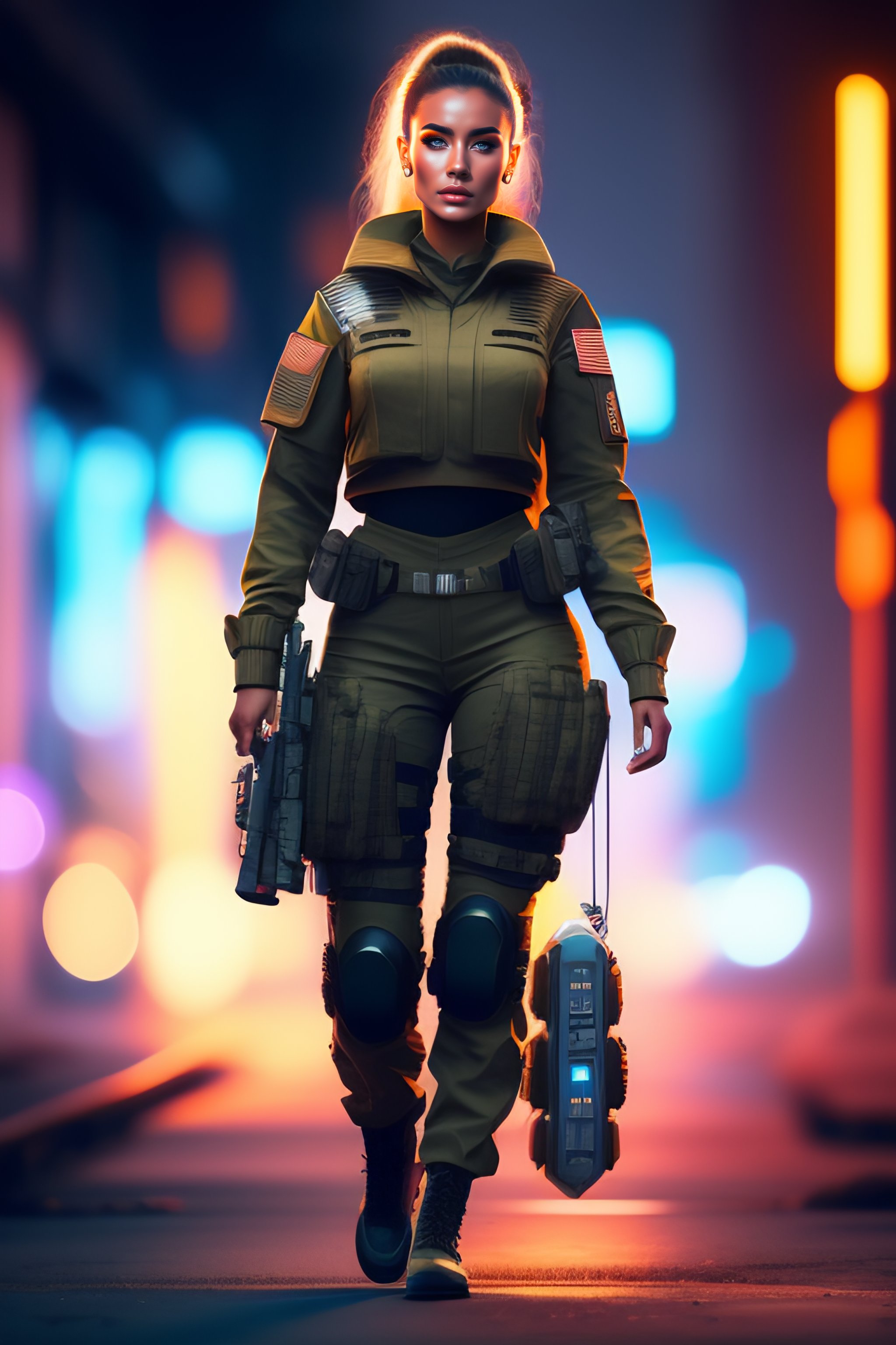 Lexica - A military girl with a machine gun walking, robot futuristic ...