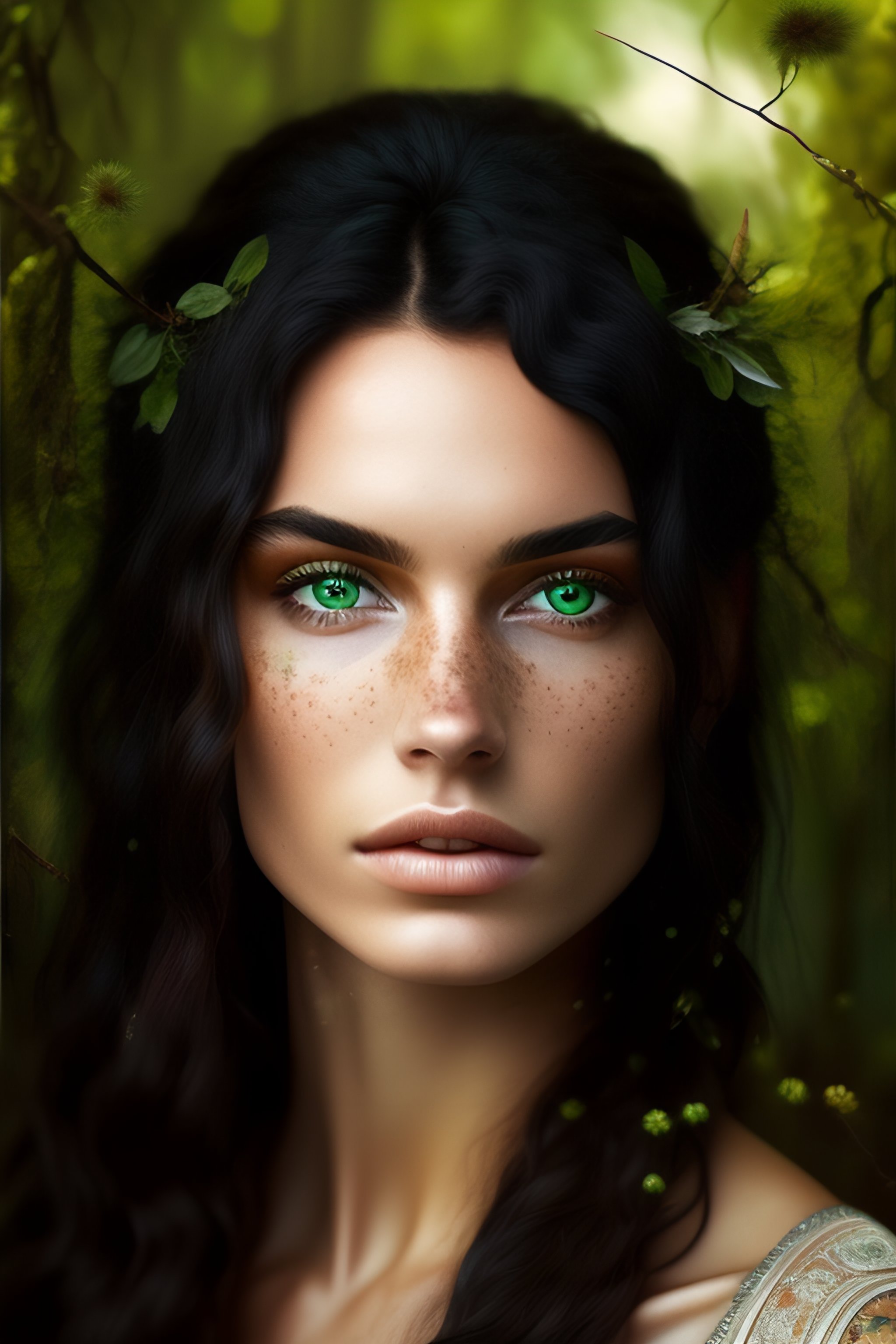 Lexica Wild And Black Hair Green Eyes Freckles Forest Woman 