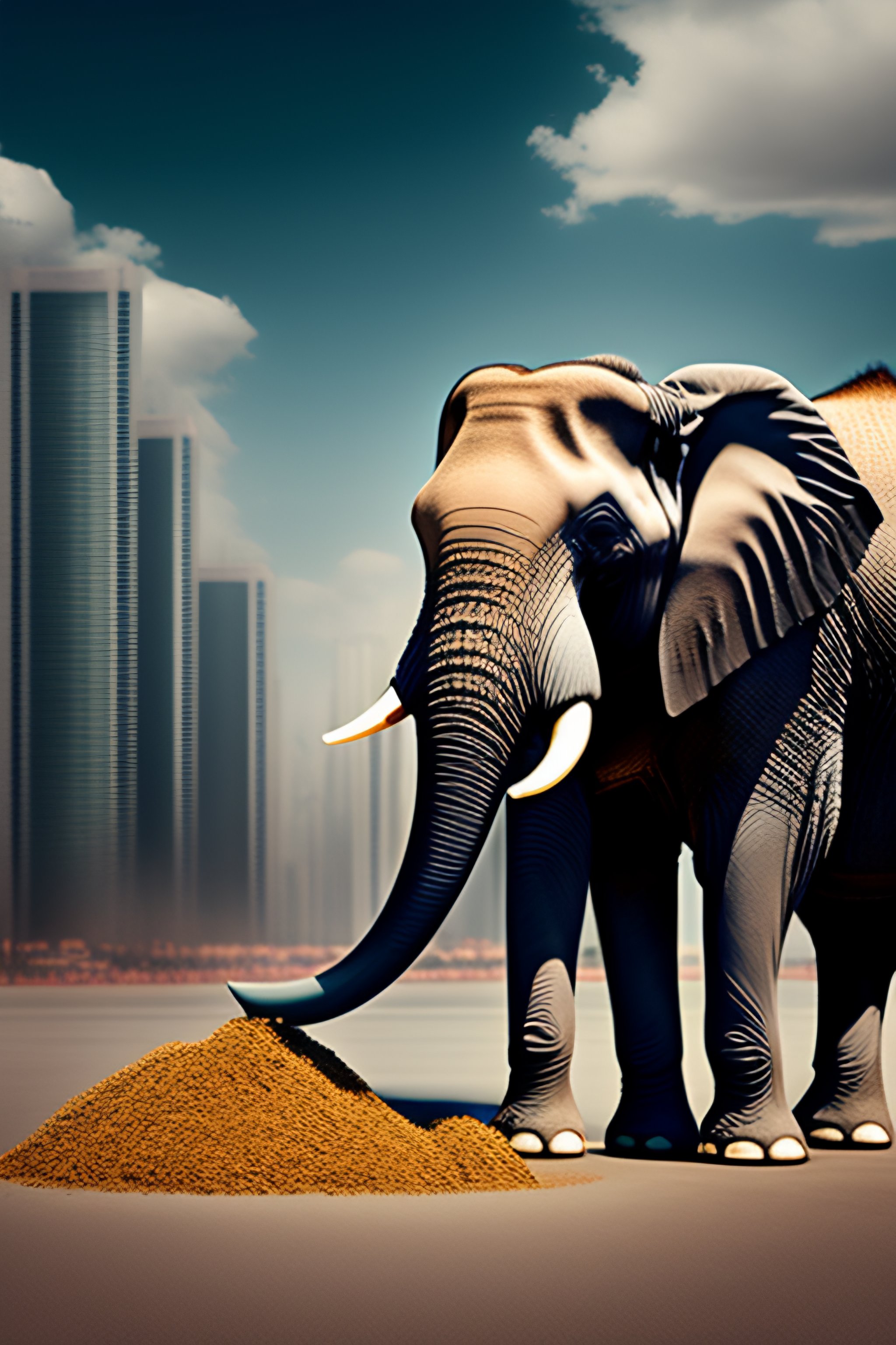 Lexica - Elephant eating money, ultrarealistic, in a city