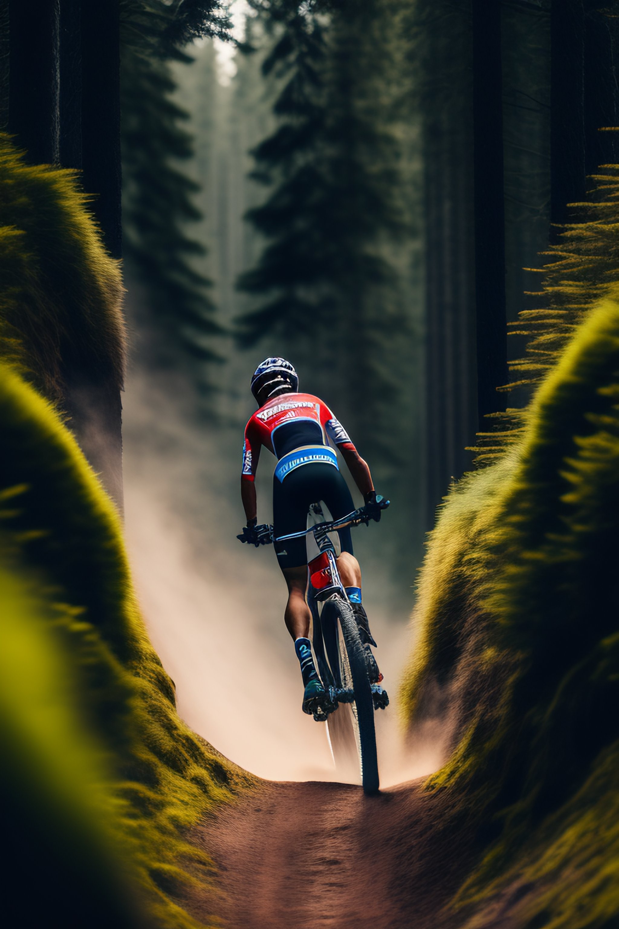 Lexica - Ultra realistic photo of mtb rider, shot from behind, back ...
