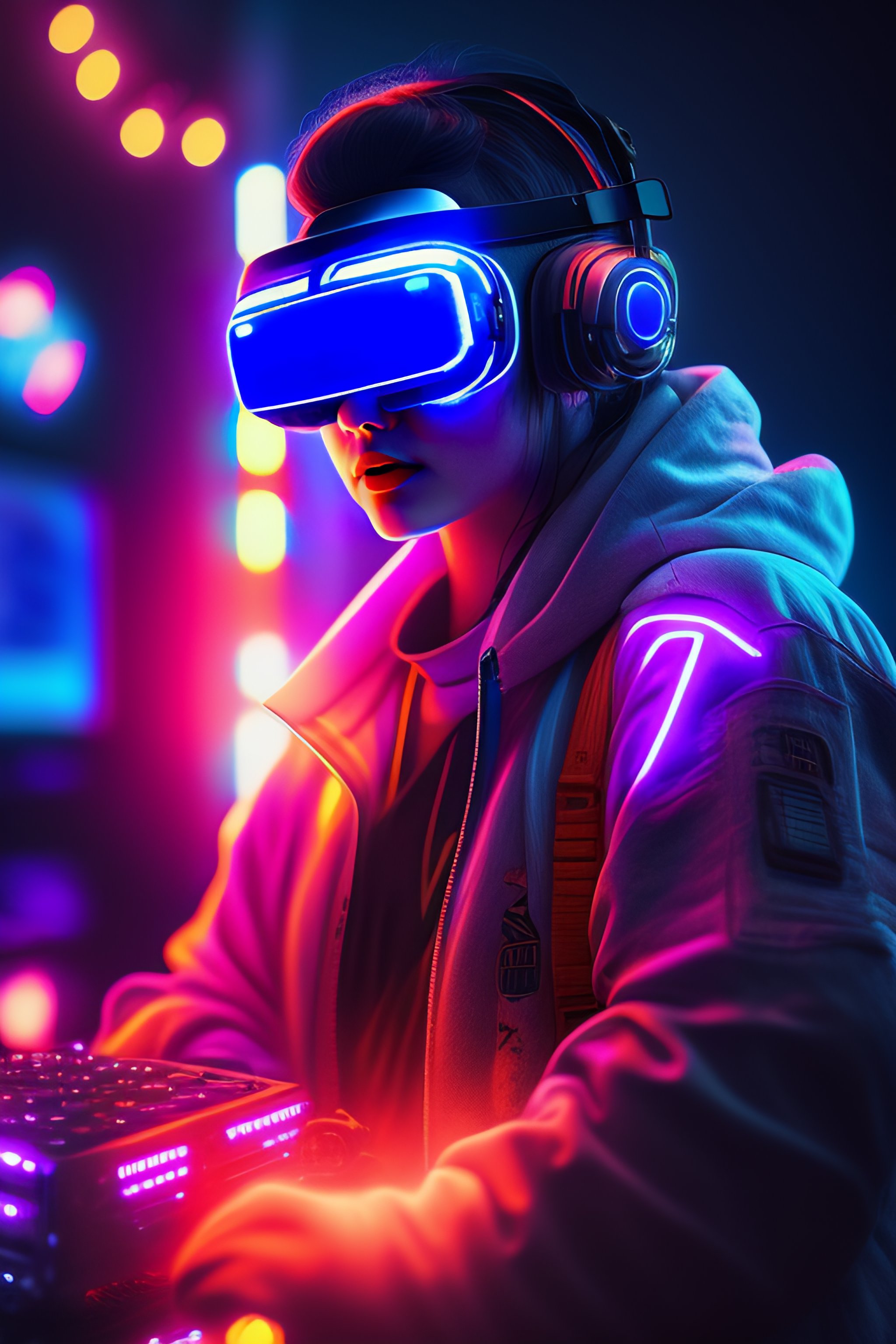 Lexica - A cyberpunk Gamer wearing VR headset floating out of gaming ...