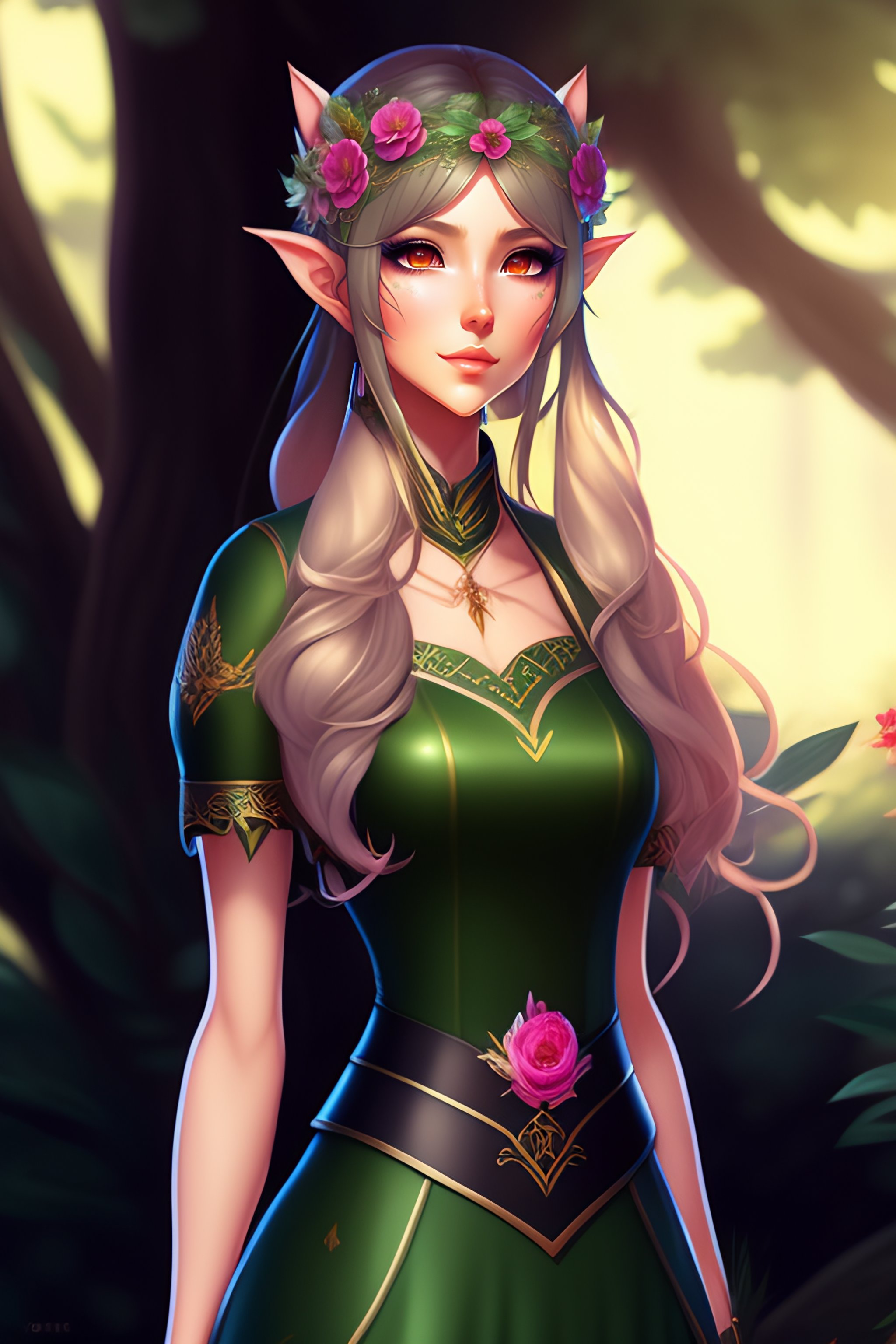 Lexica Fullbody Image Of A Female Forest Elf Bun Hairstyle Fullbody Ornamented And Black