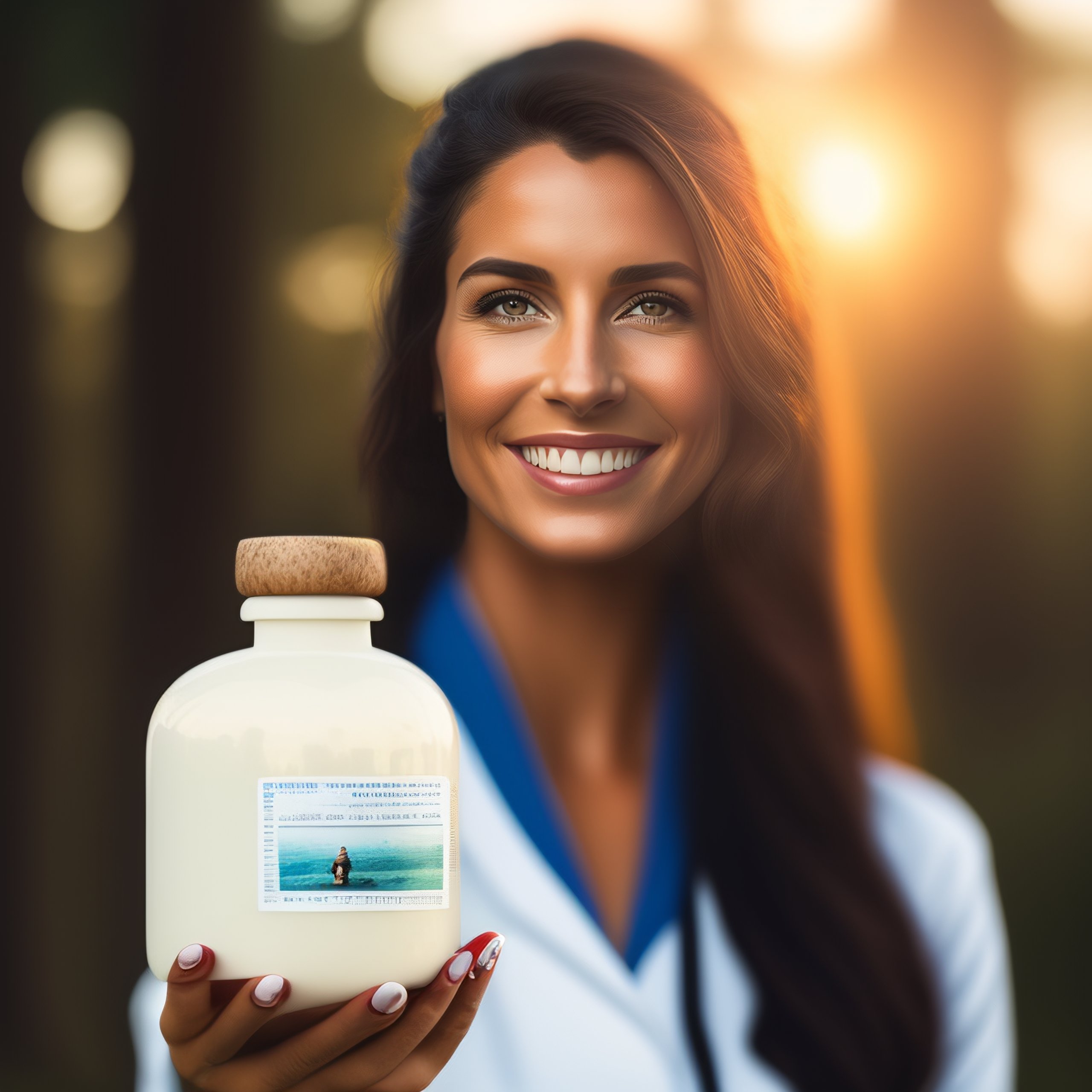 Lexica Woman holding a white medicine bottle, realistic