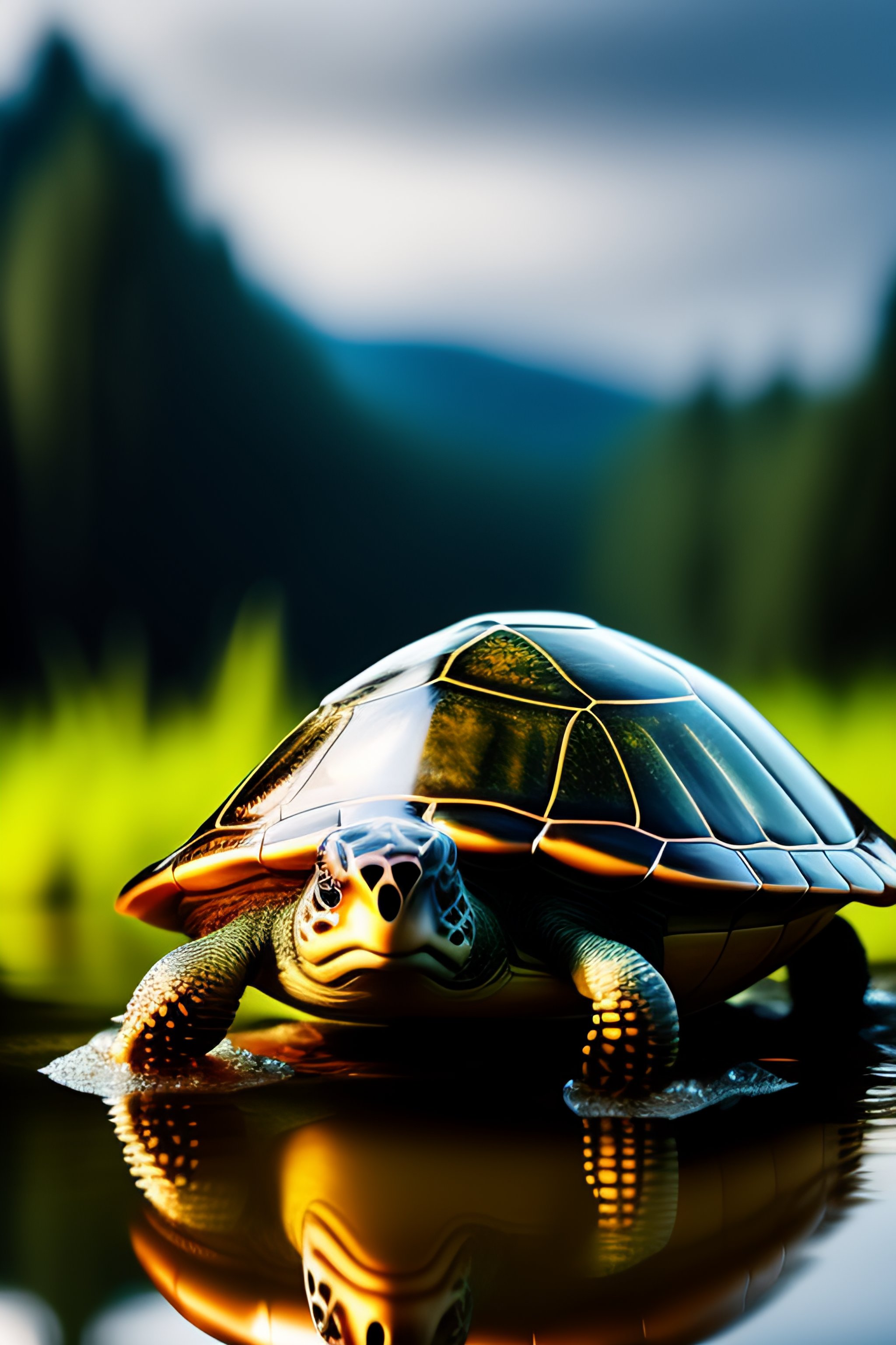 Lexica - A turtle with an armored crystal shell looking menacing in a pond.