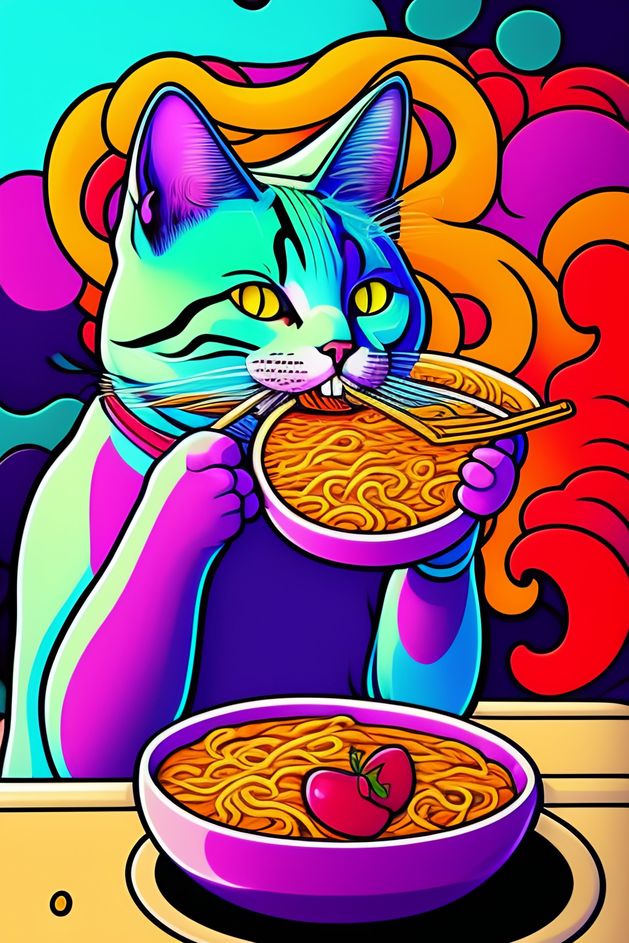 Lexica - Cat eating ramen, trippy colors, cartoon style, comic style ...