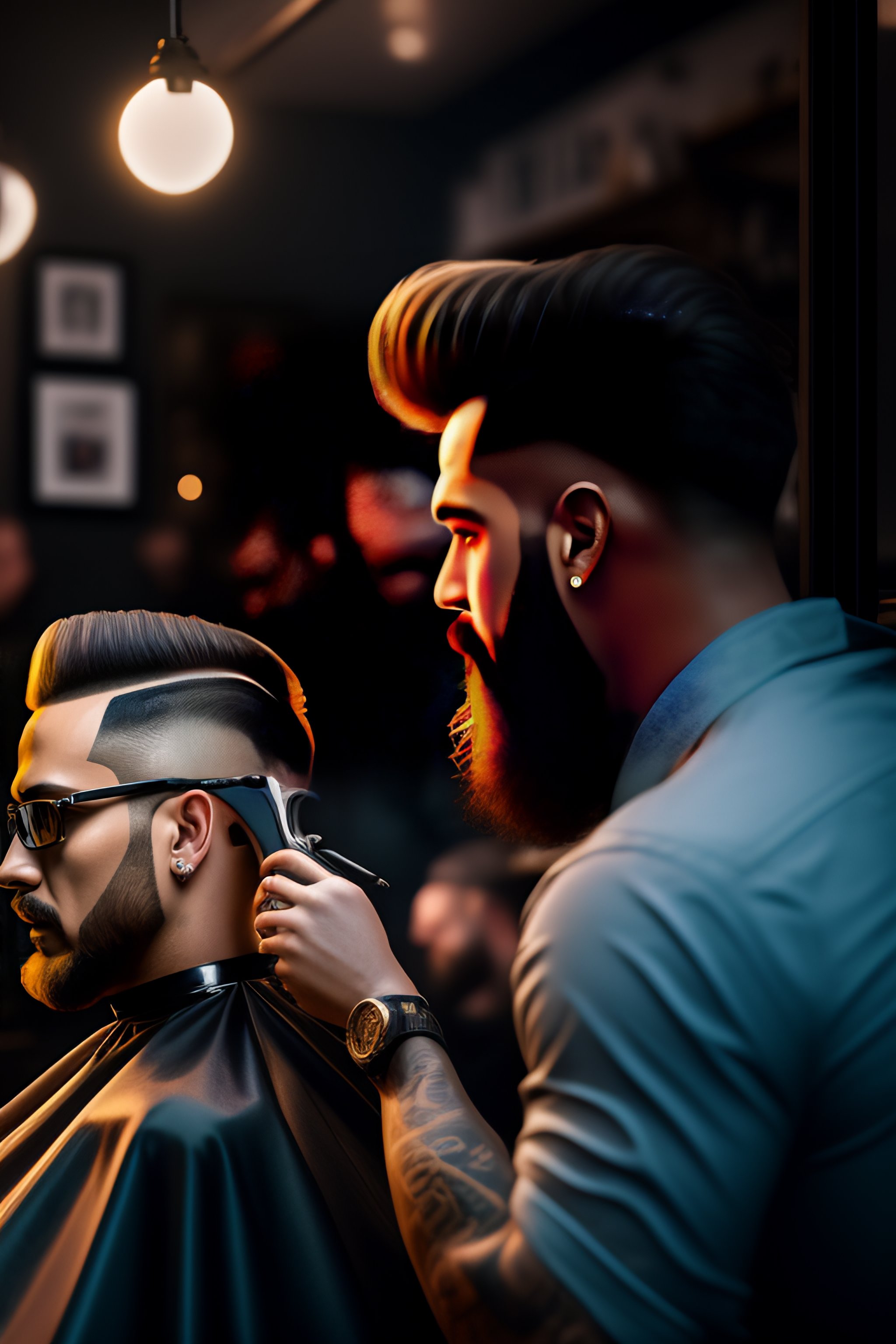Lexica A barberman cutting another man's hair in a barber shop, a