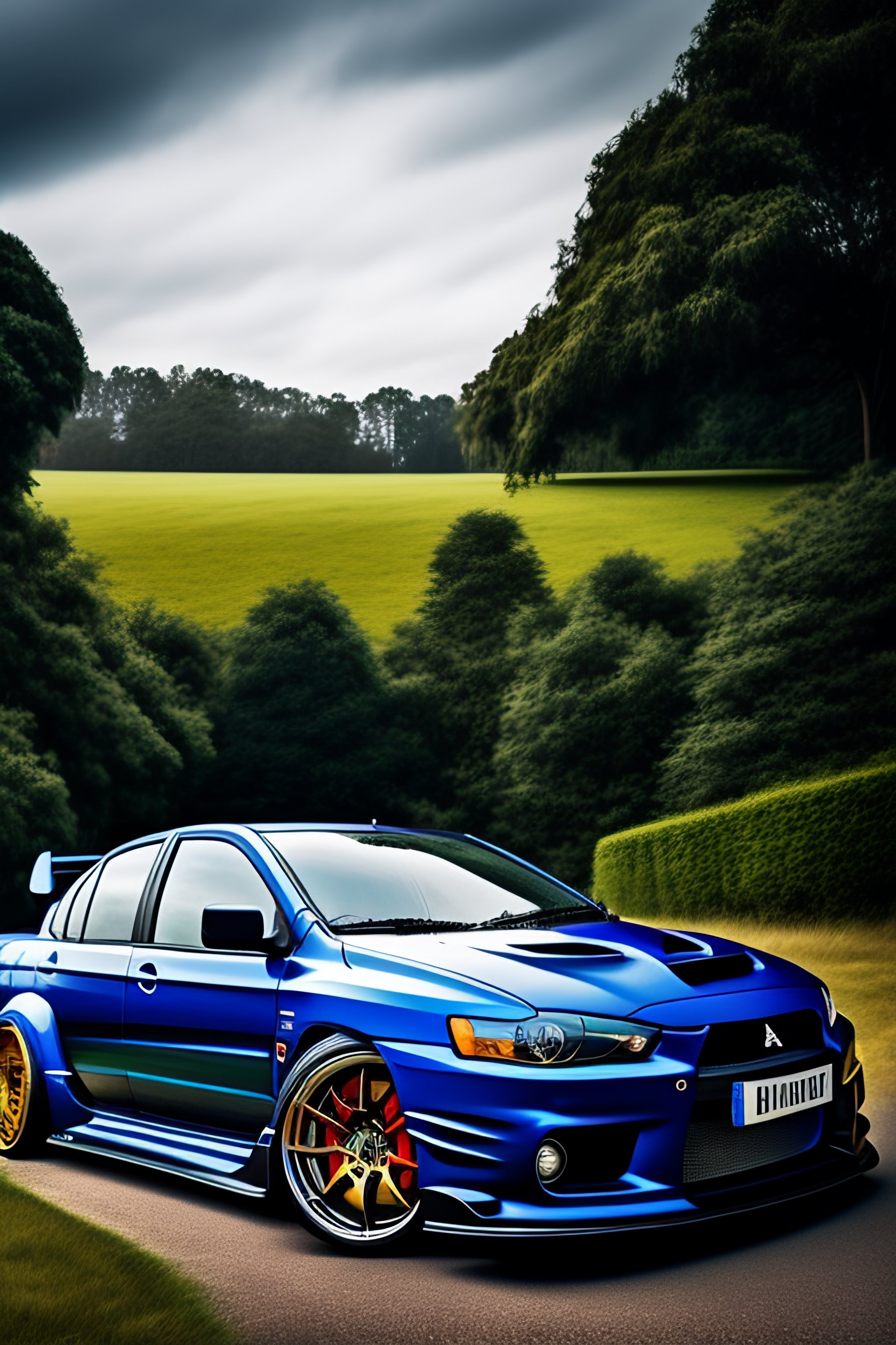 Lexica - Wide angle photo of mitsubishi lancer evolution 10 dark blue ...
