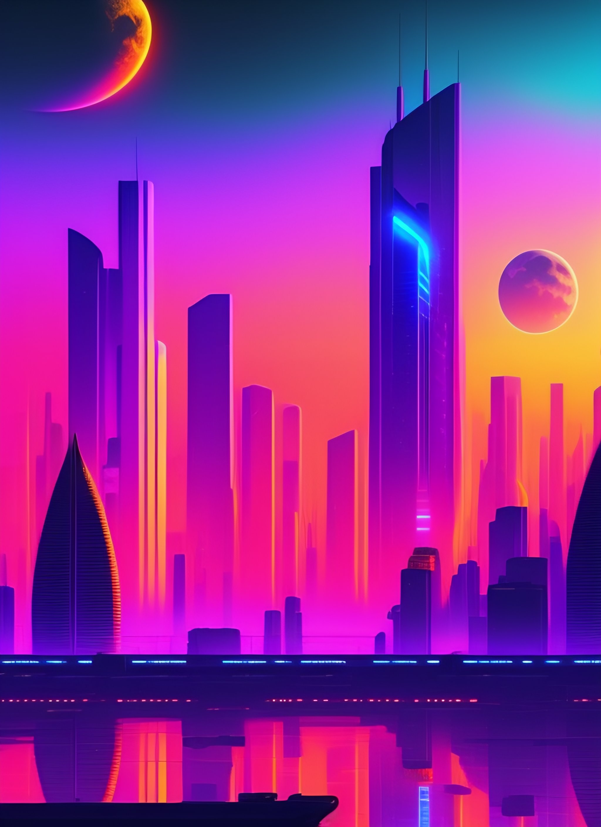 Lexica - Synthwave cyberpunk city with moon background, sharp focus,