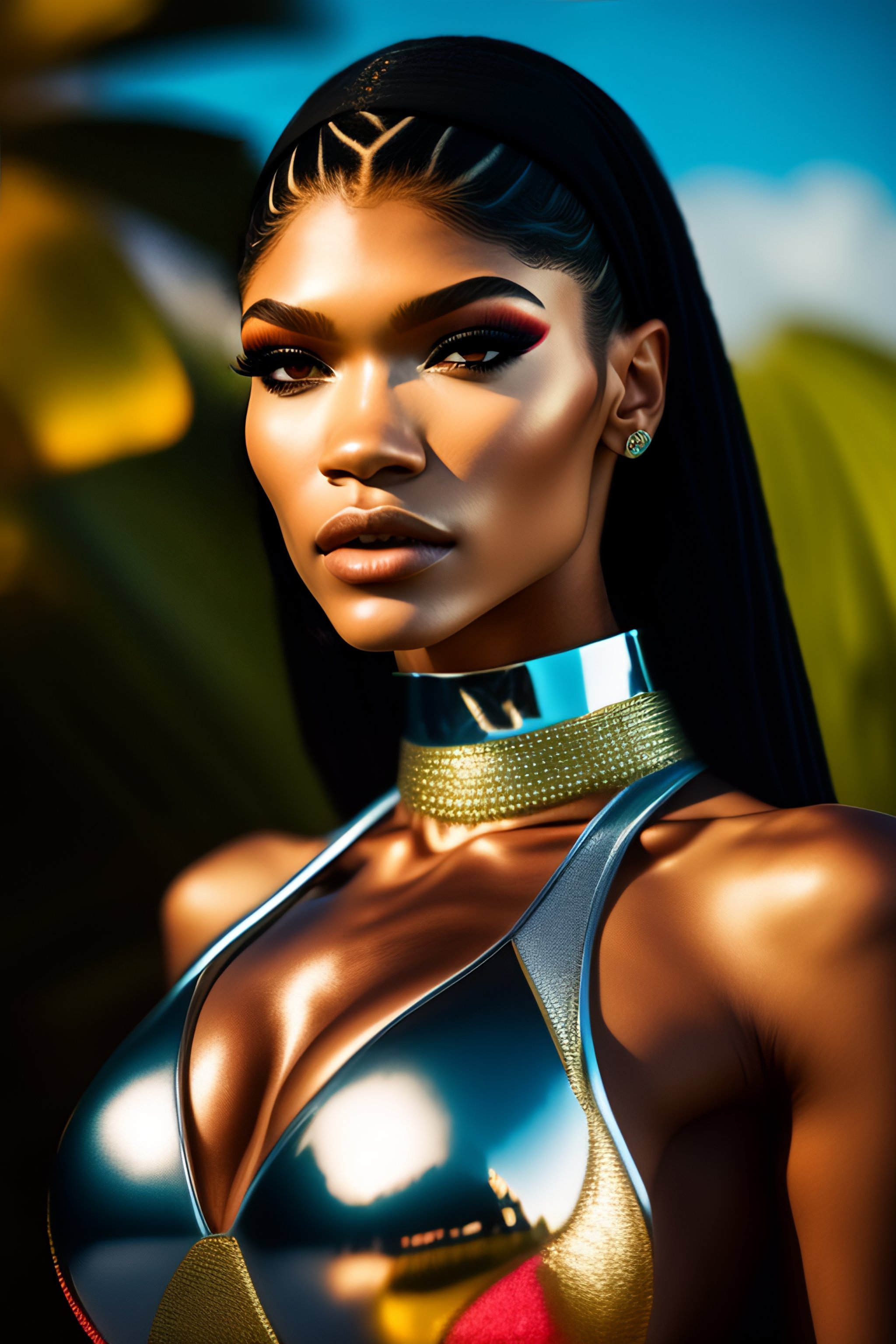 Zendaya with a very big bust, a beautiful neckline in a lace bra and a  beautiful waistline giving a pose for photo - AI Generated Artwork -  NightCafe Creator