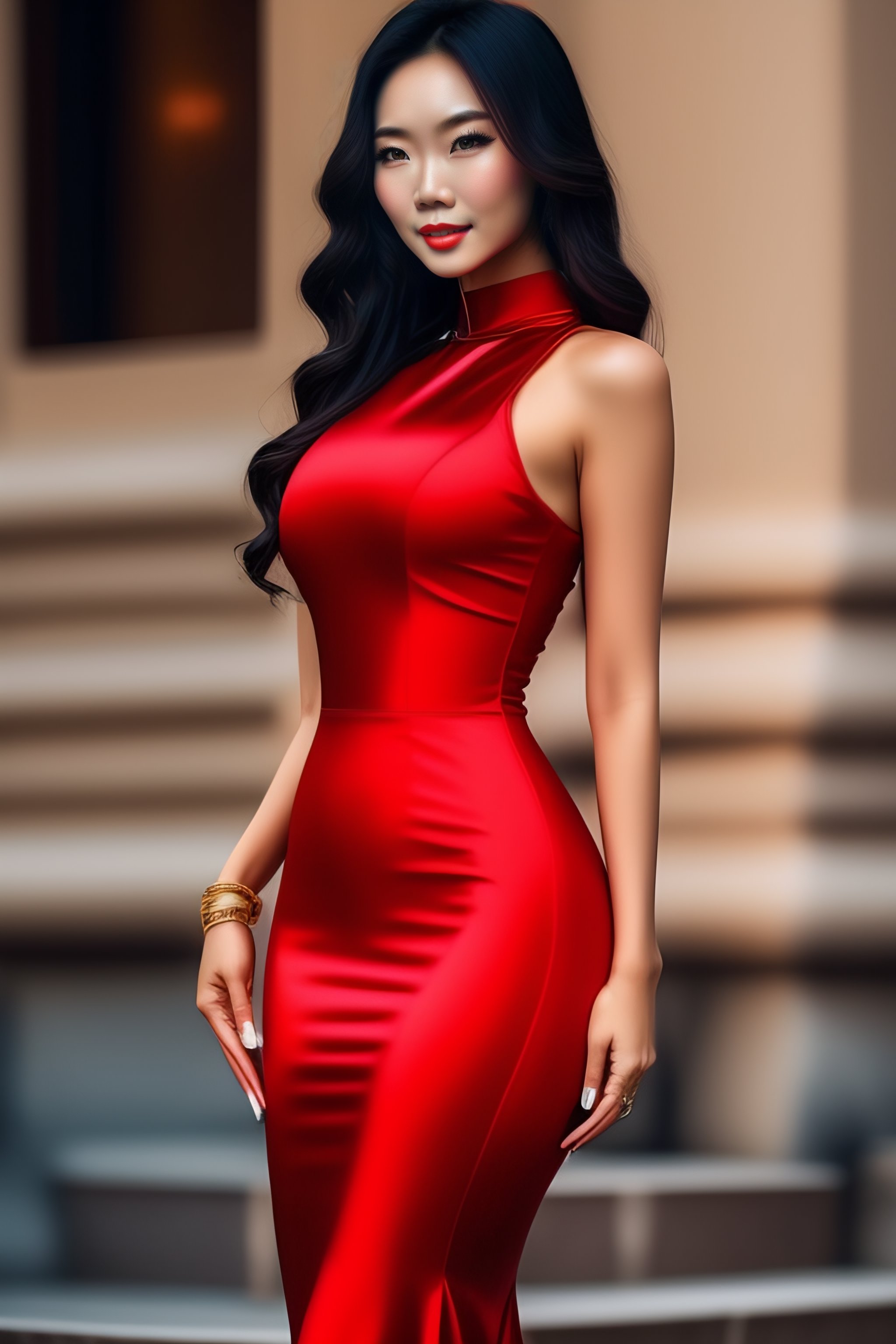 Lexica Sexy Asian Woman In Tight Red Dress Slim Figure