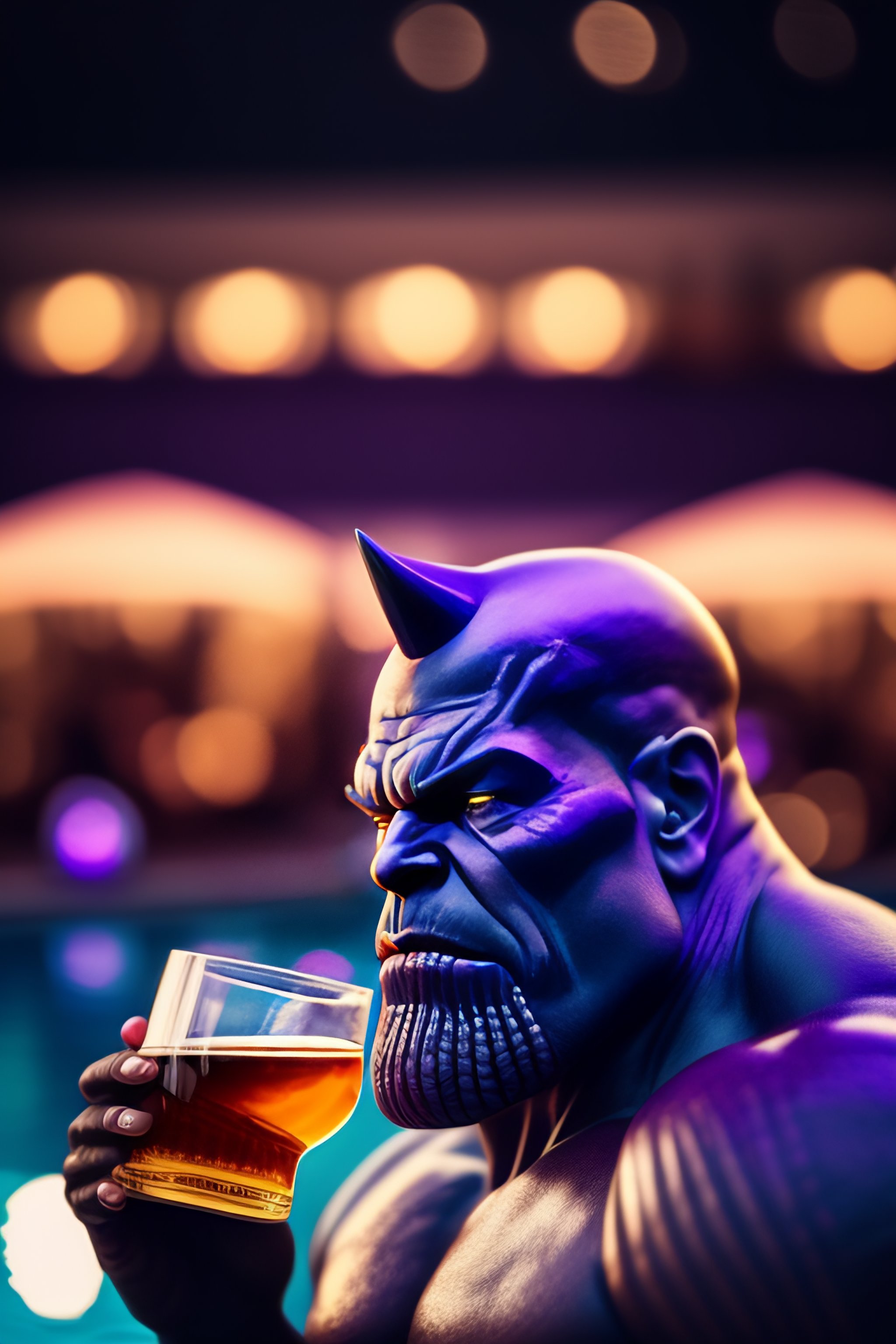 Lexica - Thanos drunk at a pool party drinking whiskey, add a hilltop ...