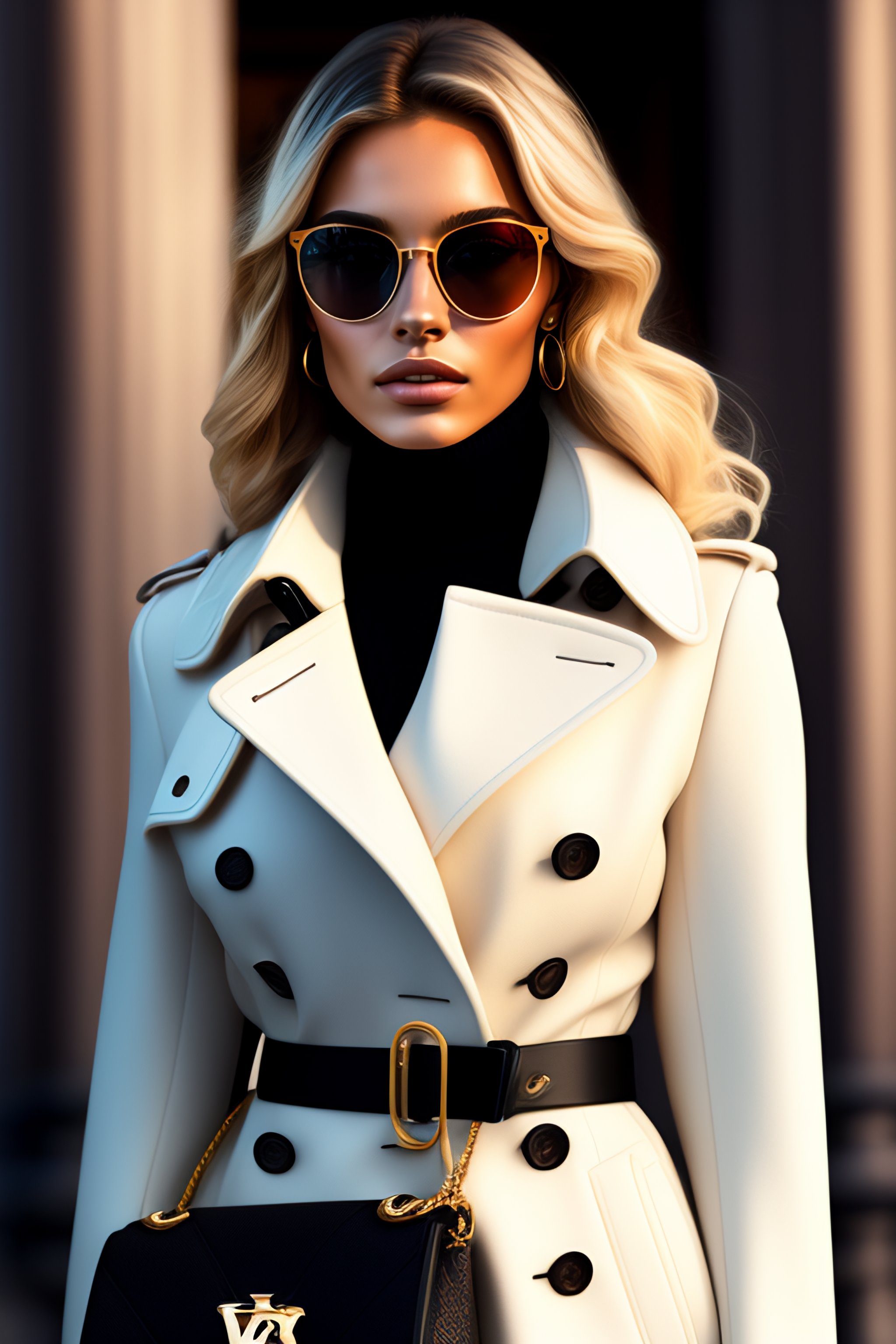 Lexica - Young blonde woman with square sunglasses wearing an open Burberry trench  coat, from the right shoulder hangs a Louis Vuitton Batignolles ha