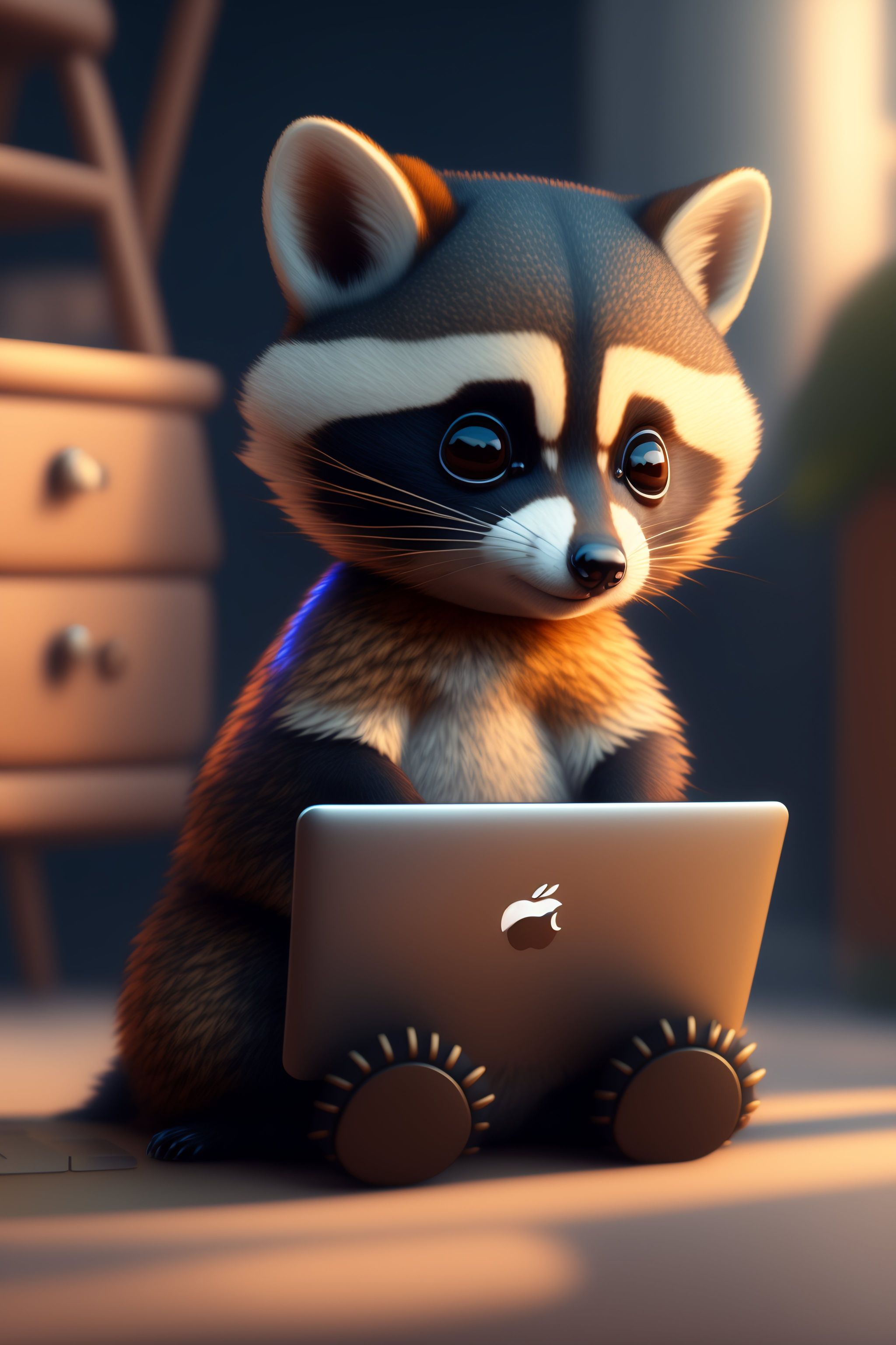 Lexica - Cute small racoon sitting in front of laptop, unreal engine ...