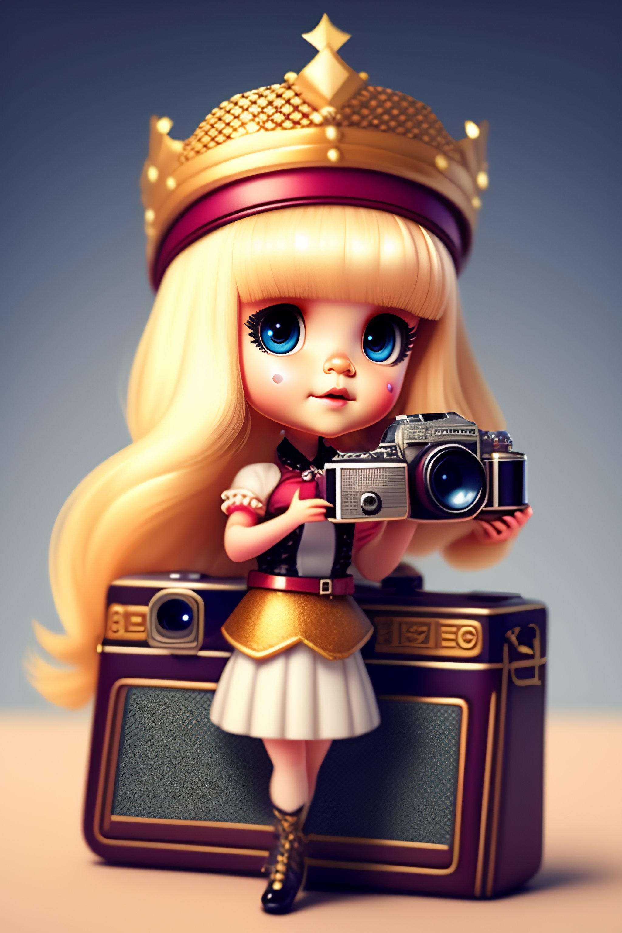 Lexica - Cute chibi blonde little woman With a crown and a camera dancing