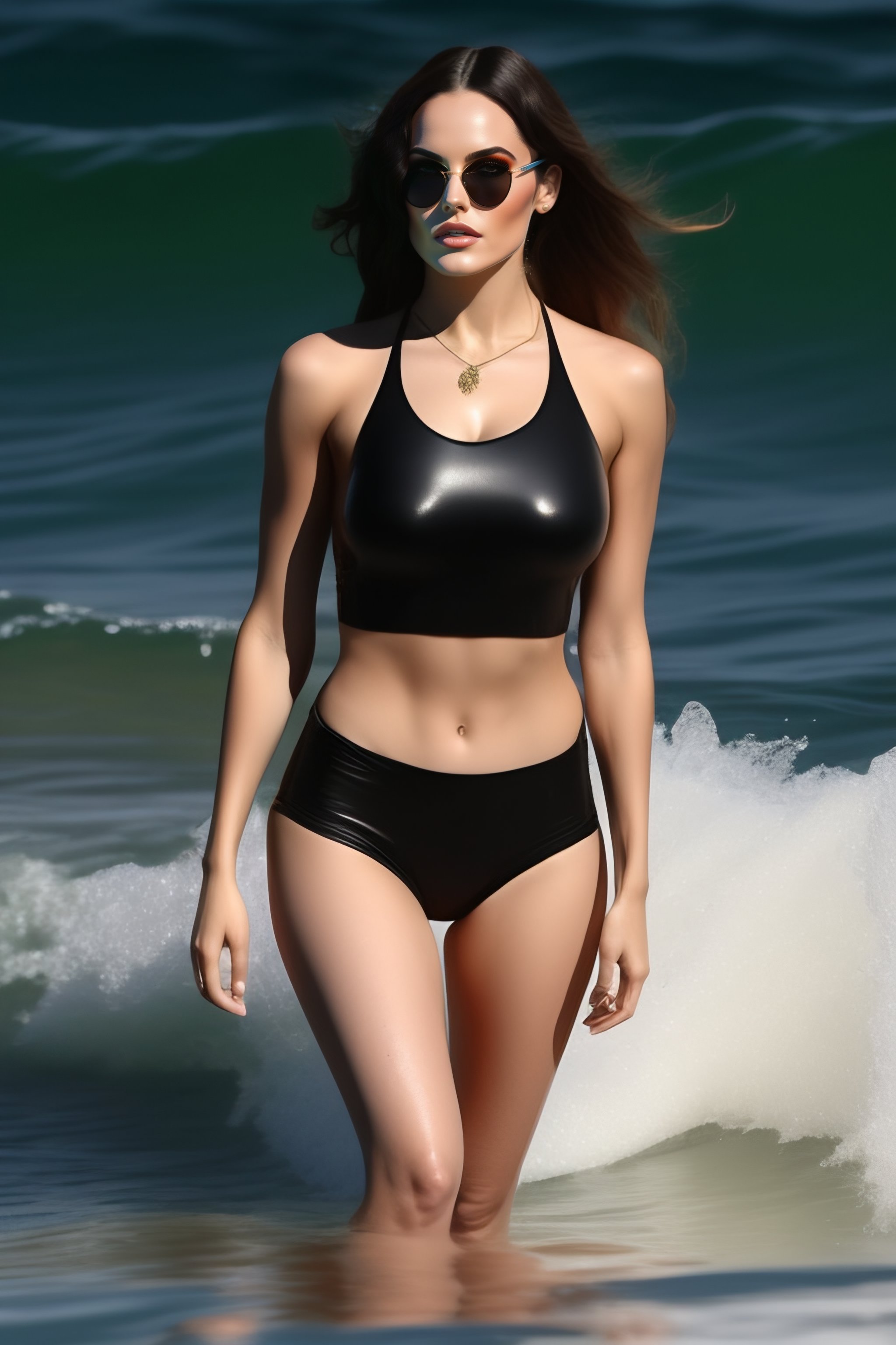 Lexica Elizabeth Egan Gillies emerging from water in black swimsuit