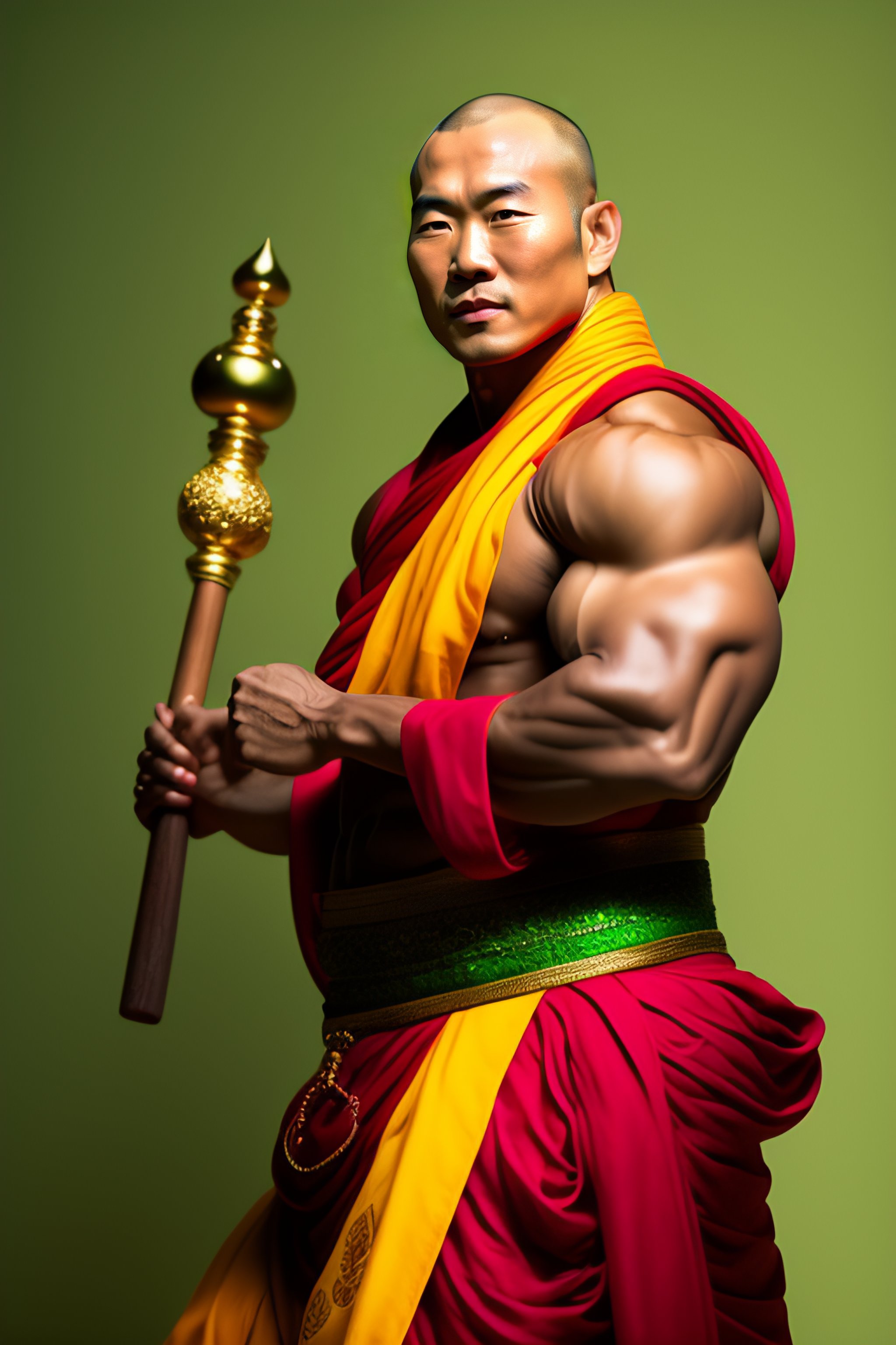 Lexica - Asian monk with bulging muscles and green and gold cloth pants ...