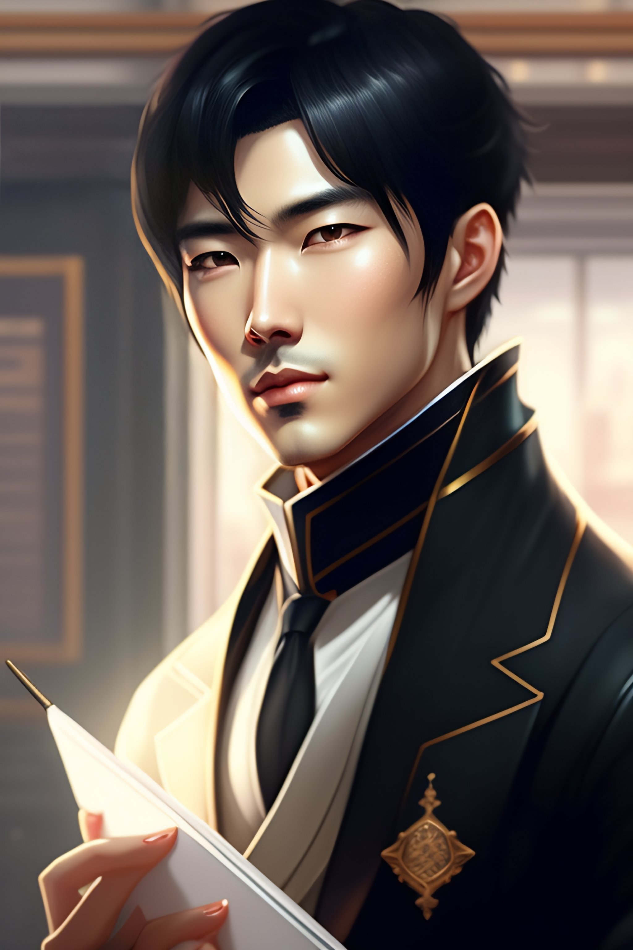 Lexica - Handsome anime man with short black hair, wearing coat and no