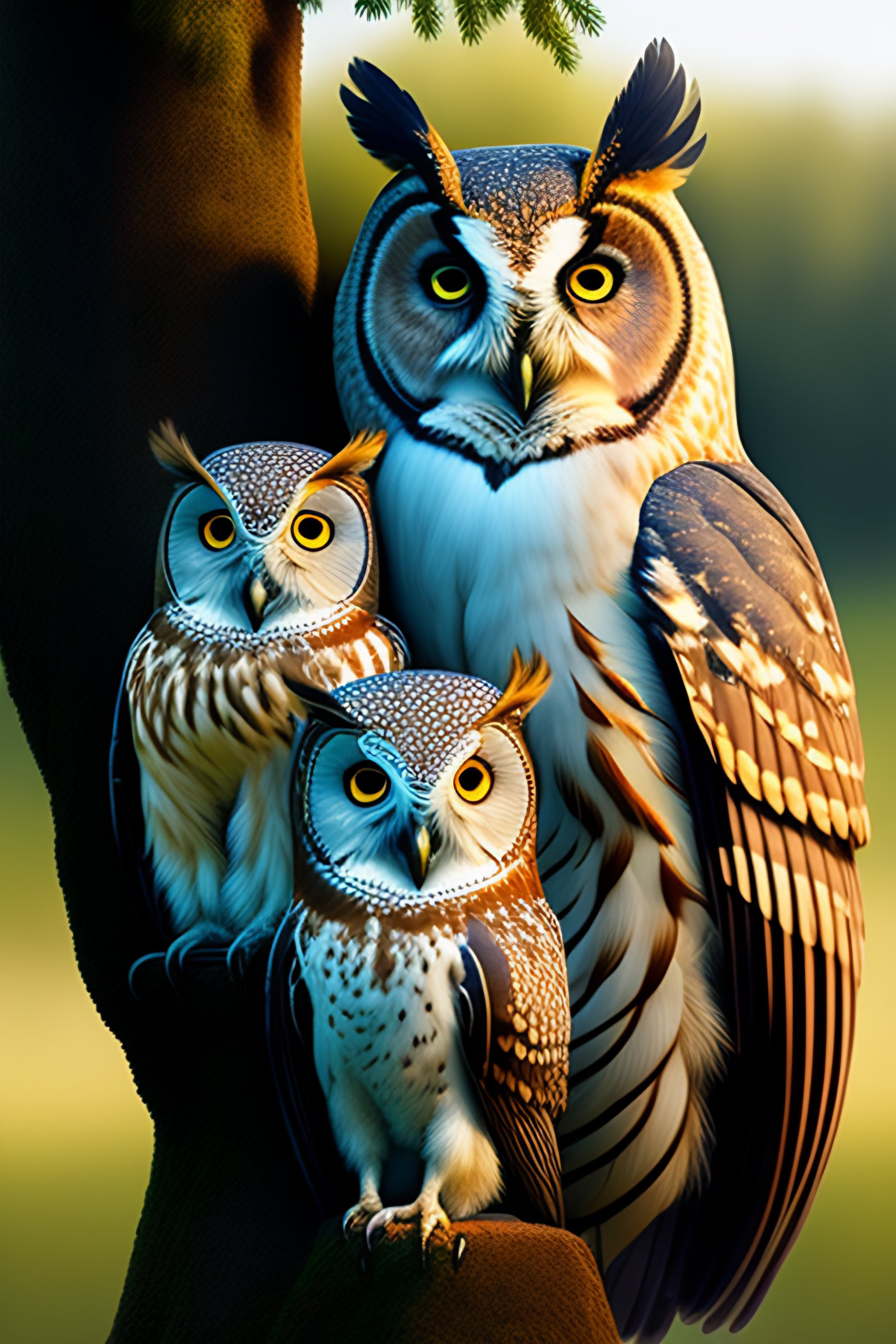 Lexica - A owl with her kids sitting on a tree. Protec