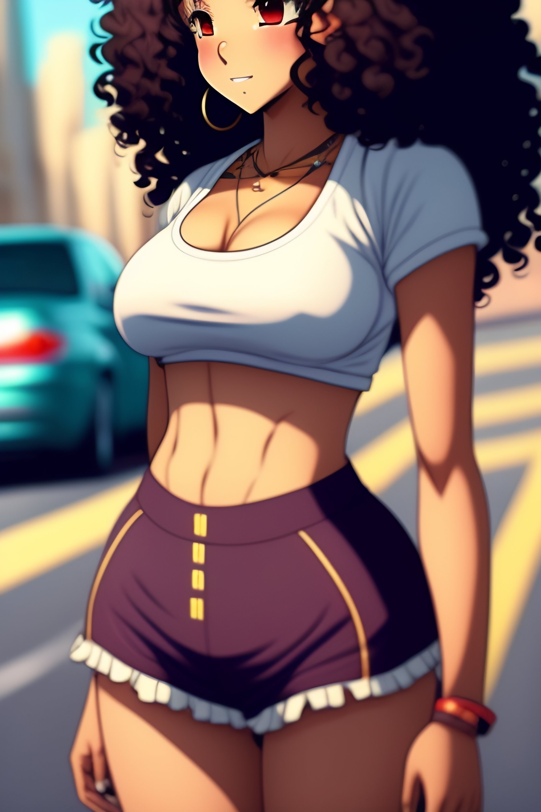 Lexica - Anime Style, cute girl, 19 years old, darker skin, big medium  curly brown hair, skinny, flat belly visible, slim waist, thick, medium  bust, ...