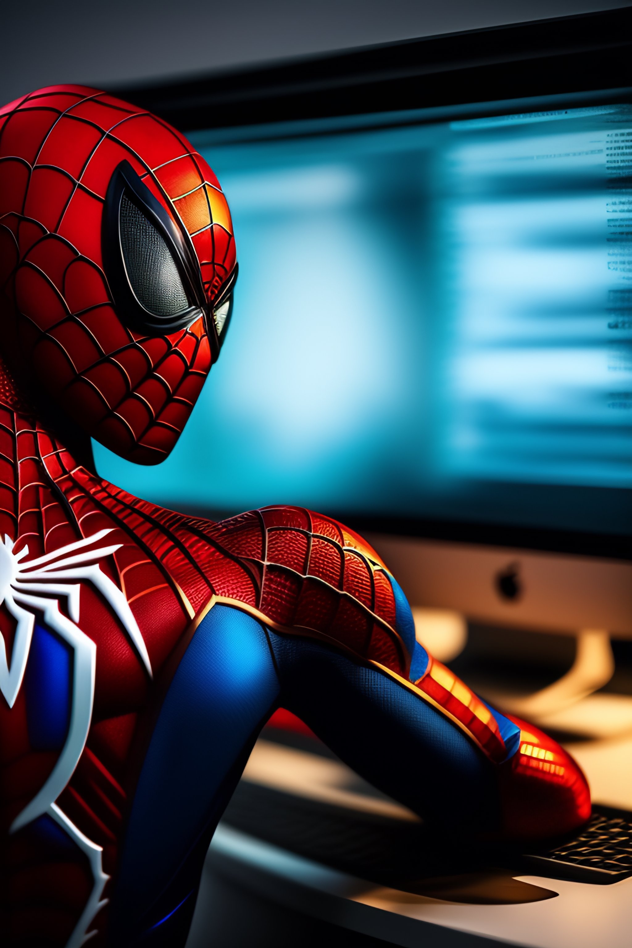 Lexica - Digital art image of a spiderman-look-alike sitting in front of a  computer. On the computer screen is an image of spiderweb as ascii art