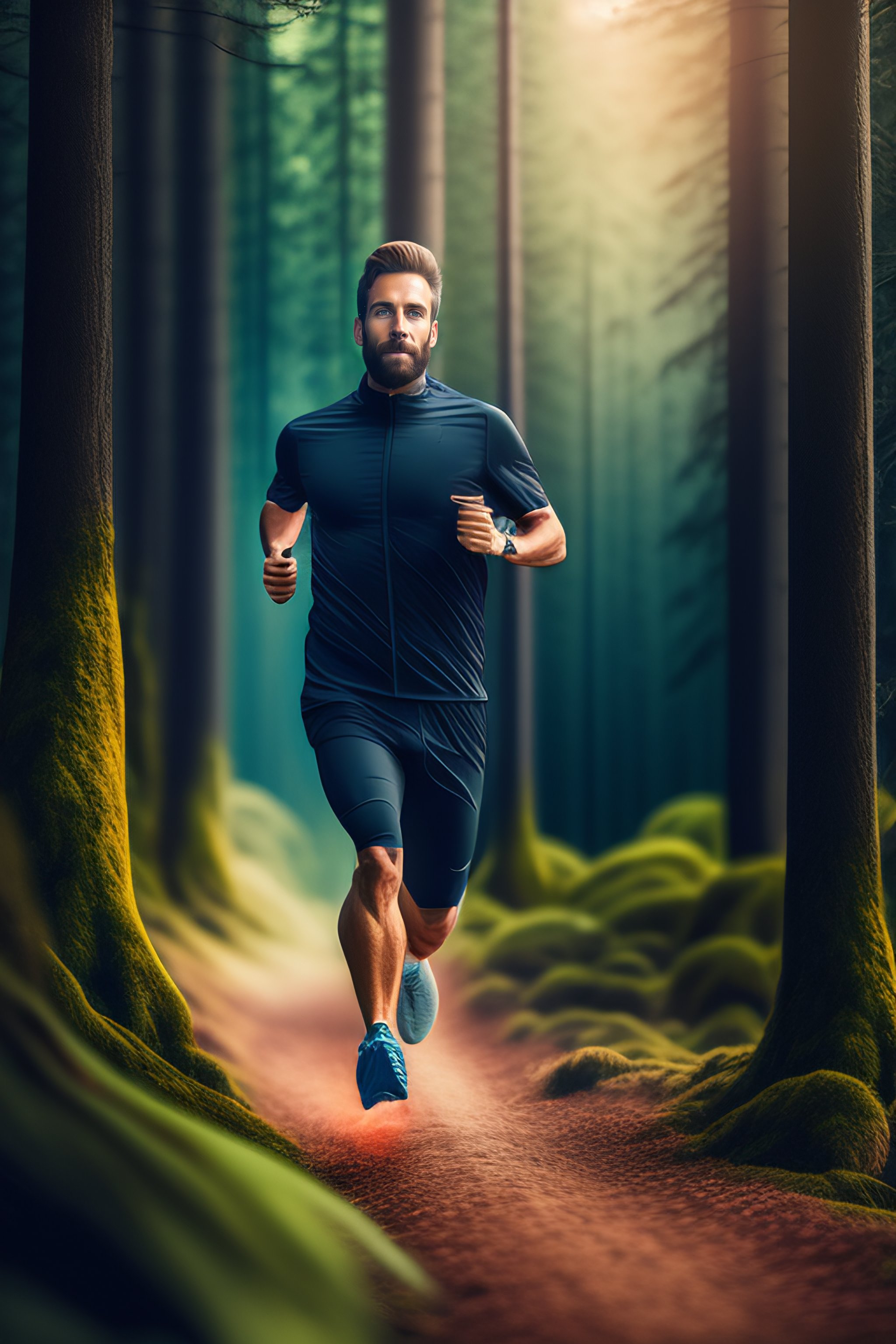 Lexica - Realistic picture of a man running in a forest