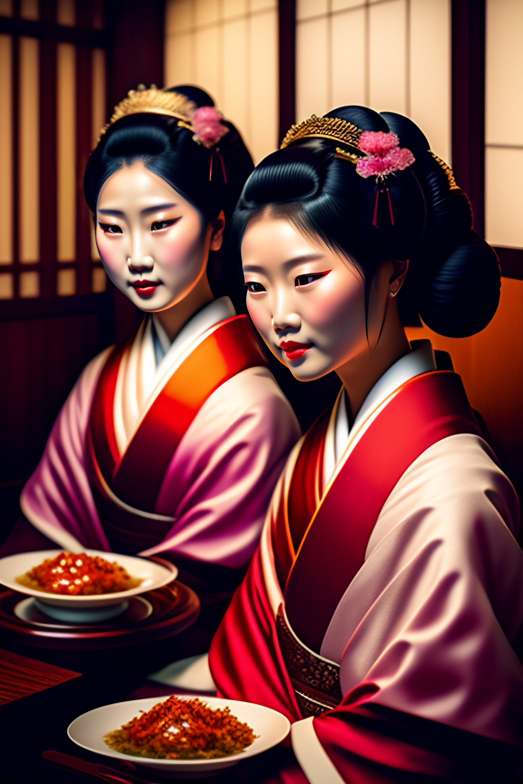 Lexica - Two beautiful elegant young geishas eating at a cozy kyoto ...