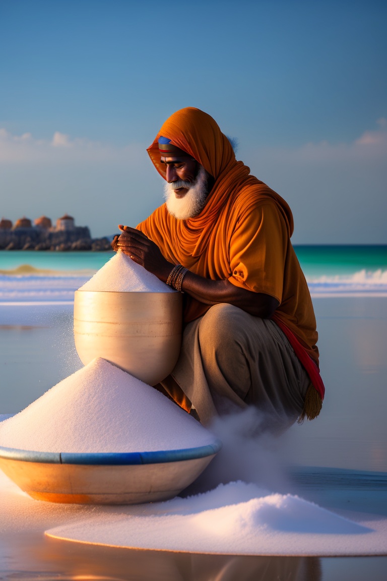 Lexica - Traditional salt maker on the beach, cinematic