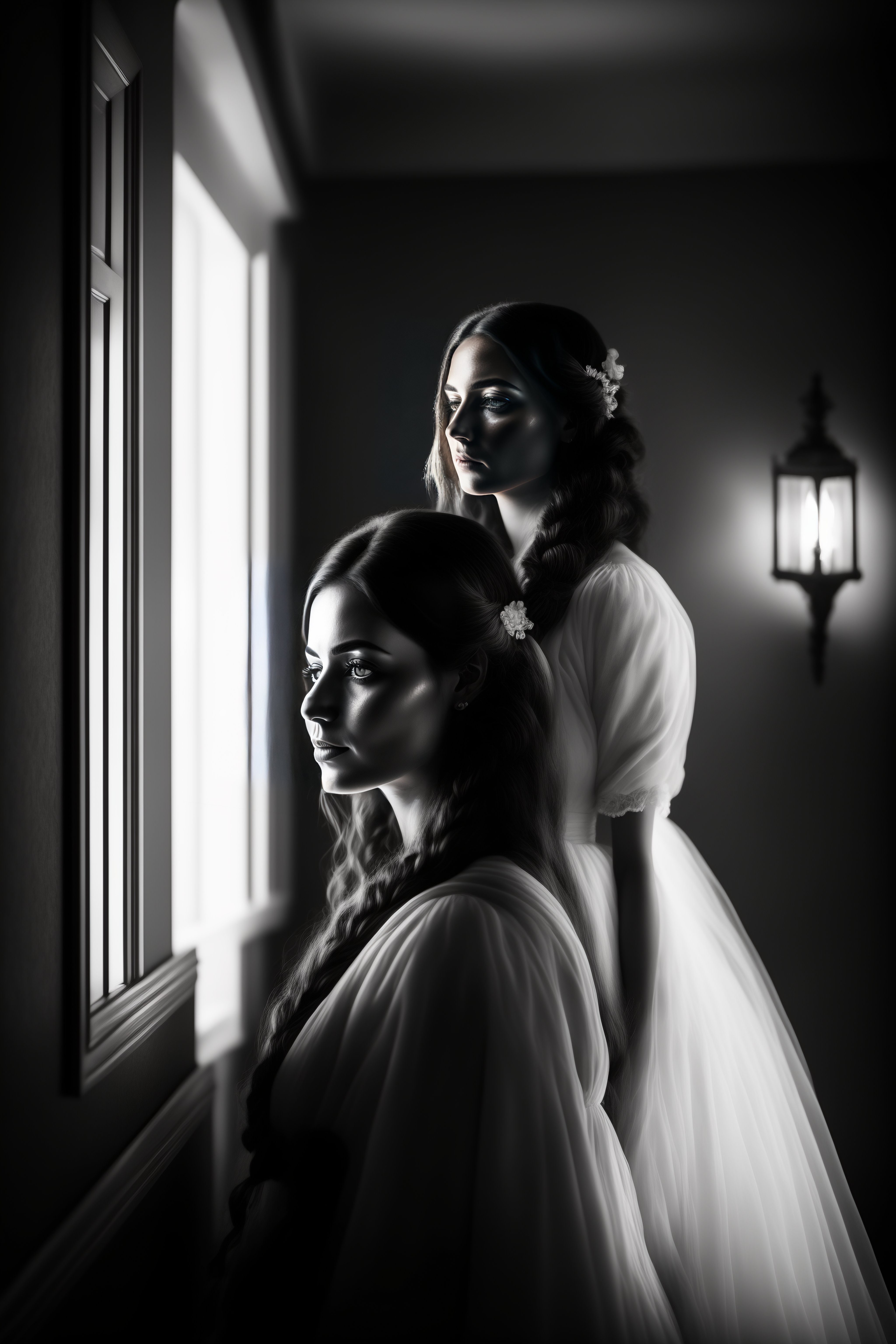 Lexica - Ghost and young woman in victorian house, black and white ...