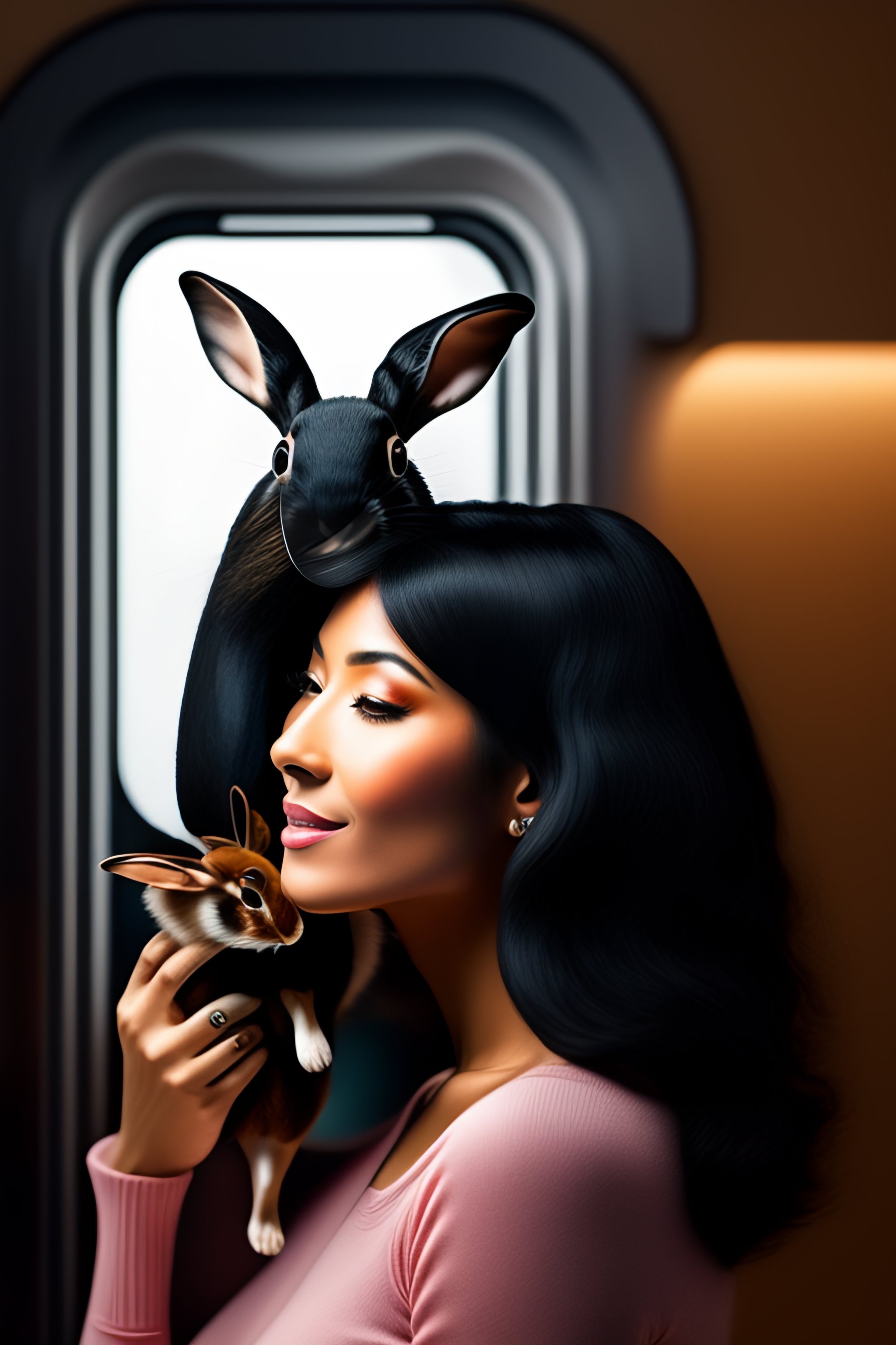 Lexica - A woman with black hair, drying a rabbit with a hairdryer