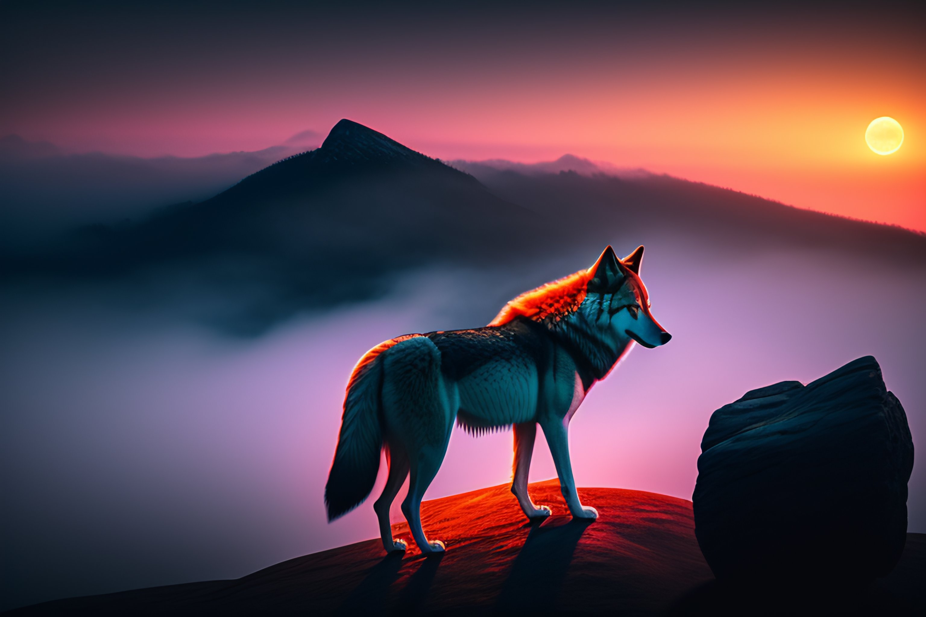 Lexica - A wolf with red moon in background in a fog on top of a rock ...