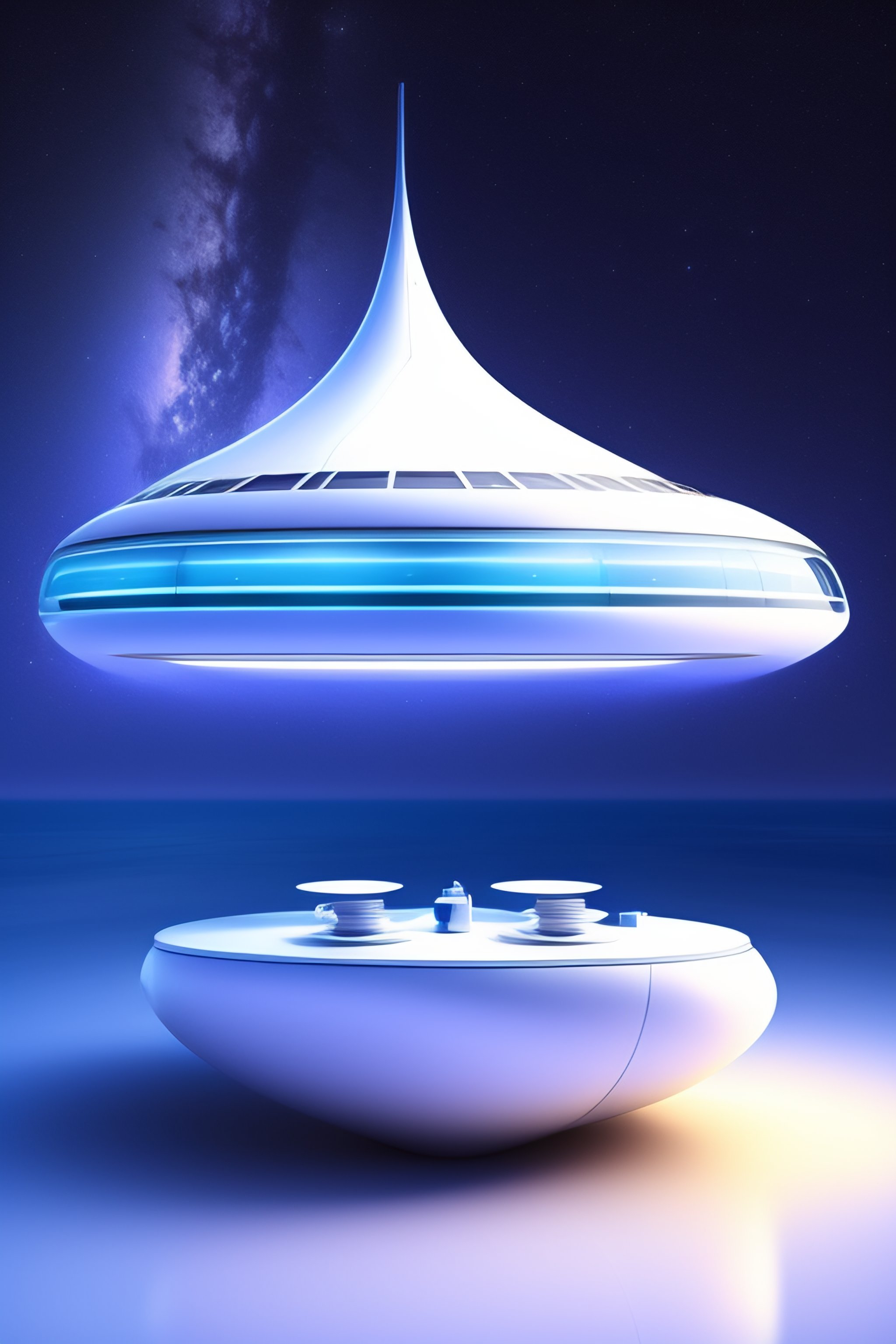 Lexica - Restaurant futuristic design, spaceship, white, blue