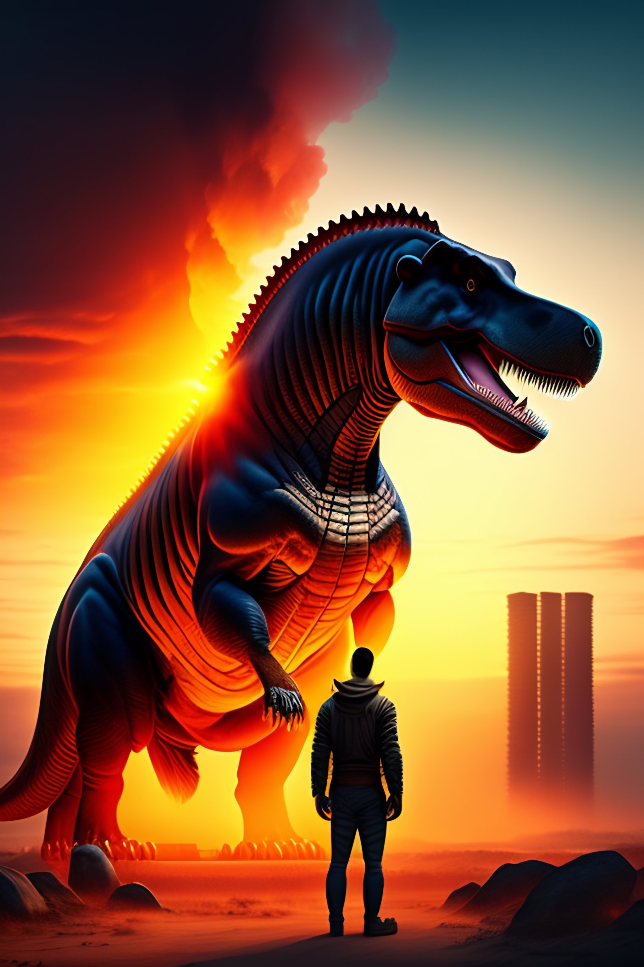 Lexica - A large tyrannosaurus rex looking human standing inferno of a ...