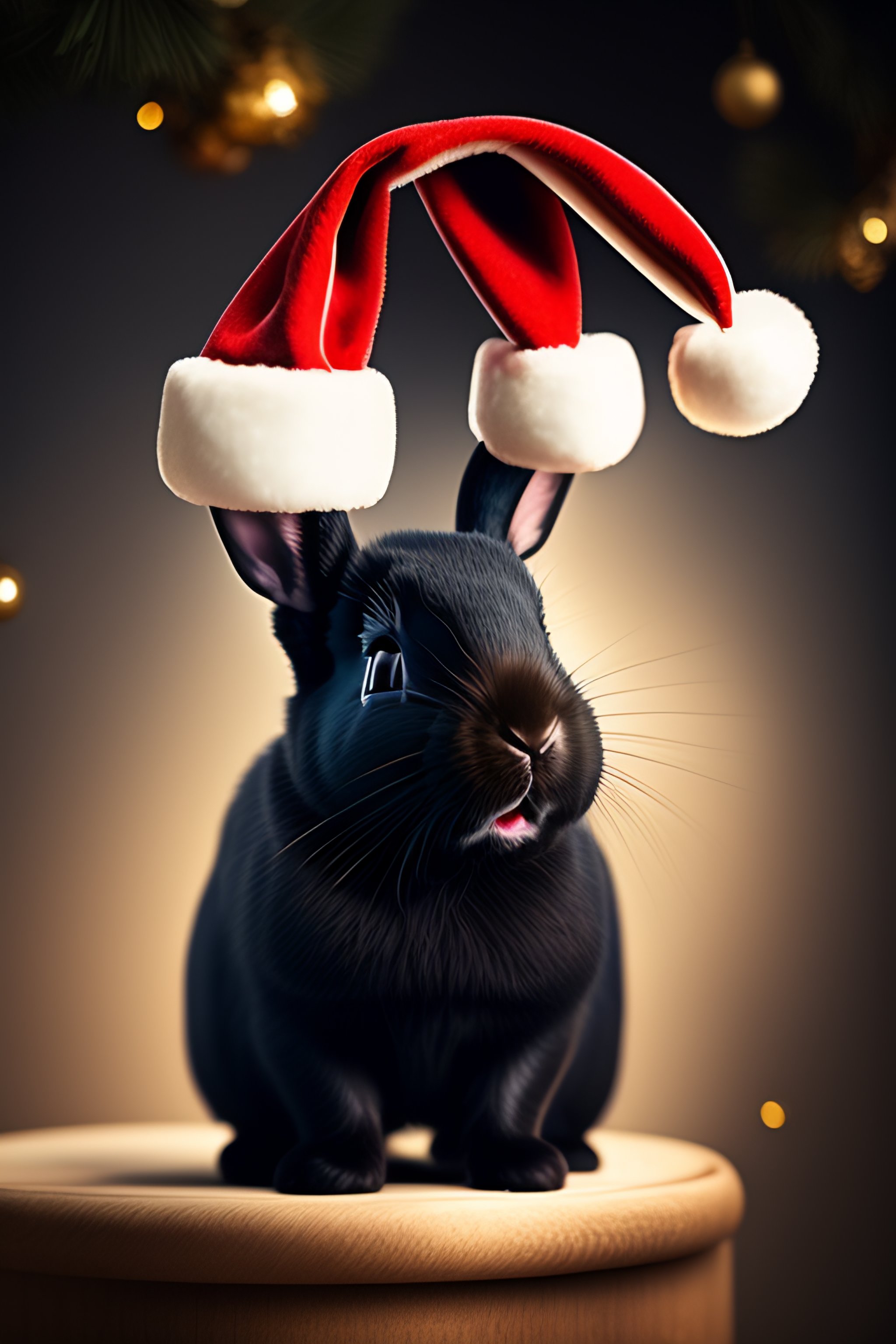 Lexica - Christmas, a black rabbit in a santa claus hat laughs