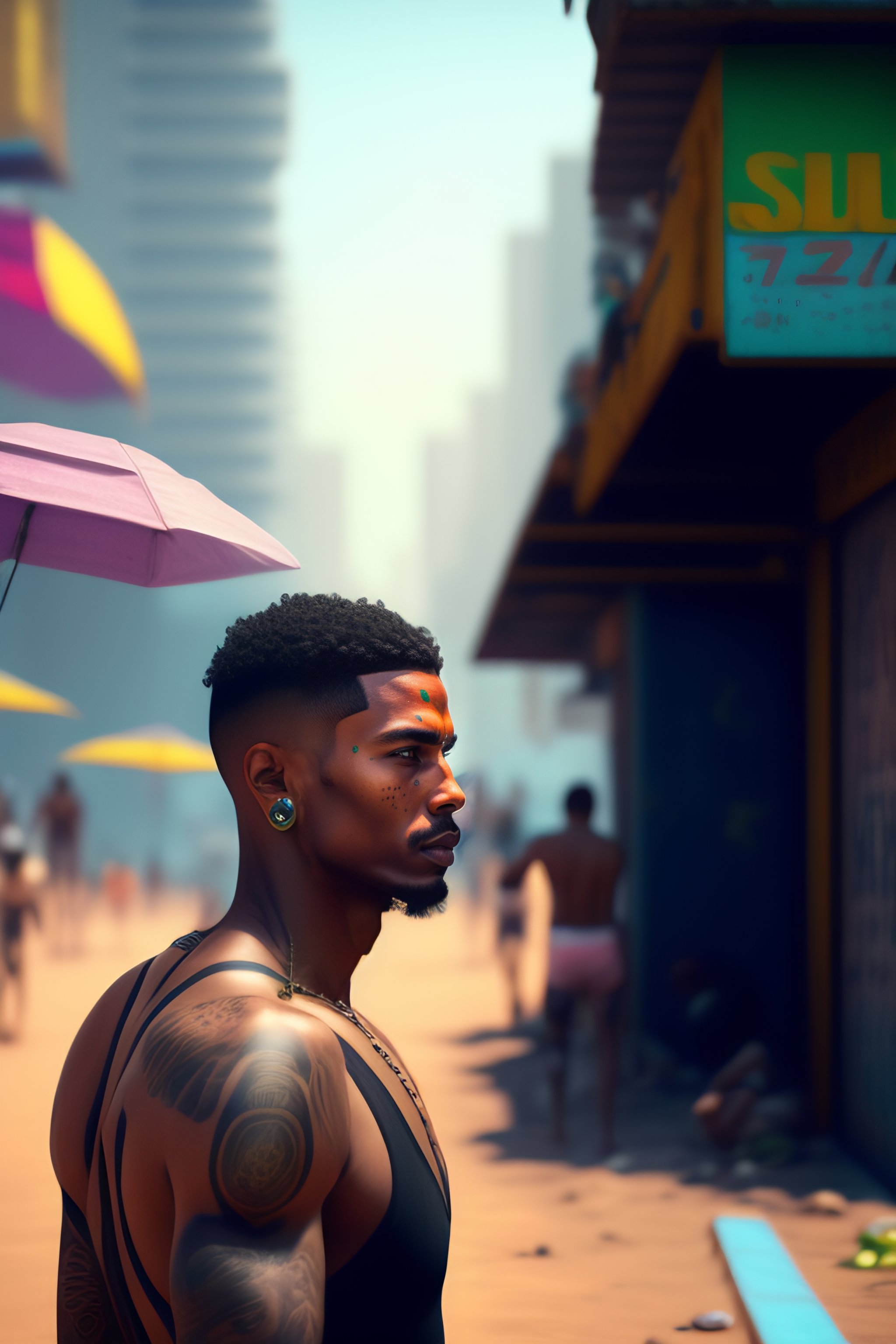 Lexica - Slum cyberpunk brazilian white man, cyberpunk copacabana beach ...