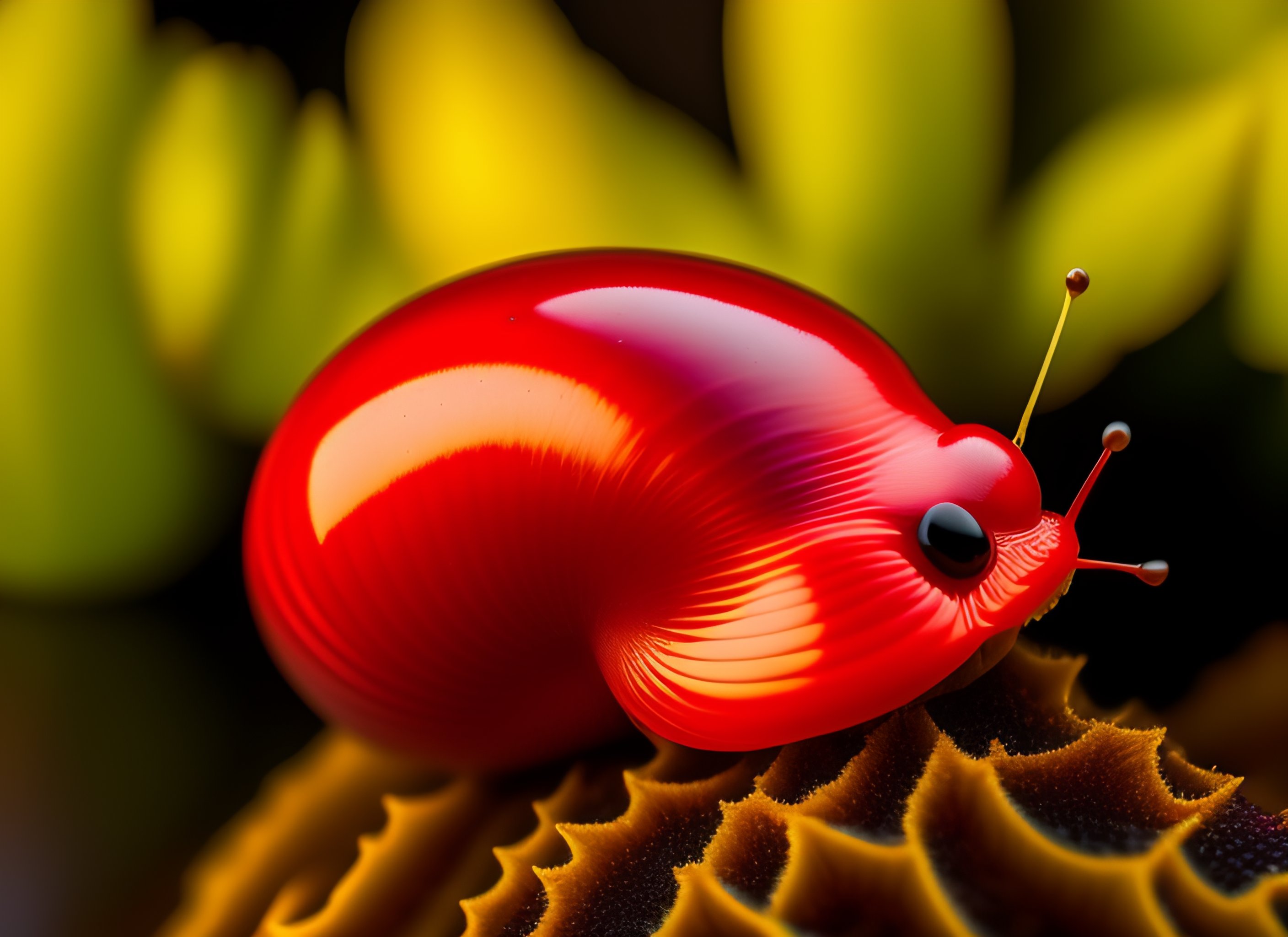 Lexica - A photograph of a glossy red snail with huge black eyes, enormous,  bumpy, low depth of field, rule of thirds, complex, 8K, highly detailed