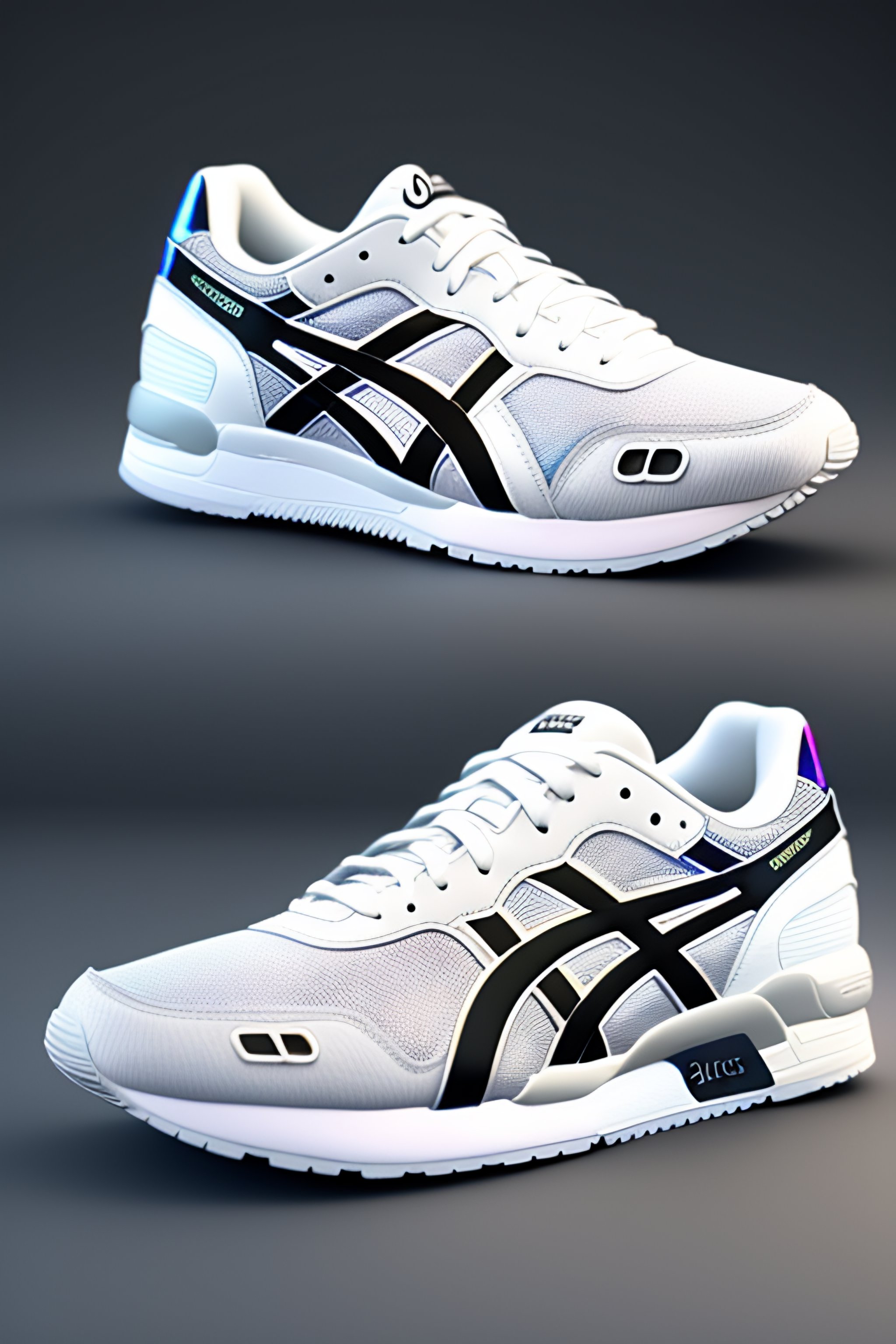 Lexica - A pair of white and holographic Asics sneakers on a minimal ...