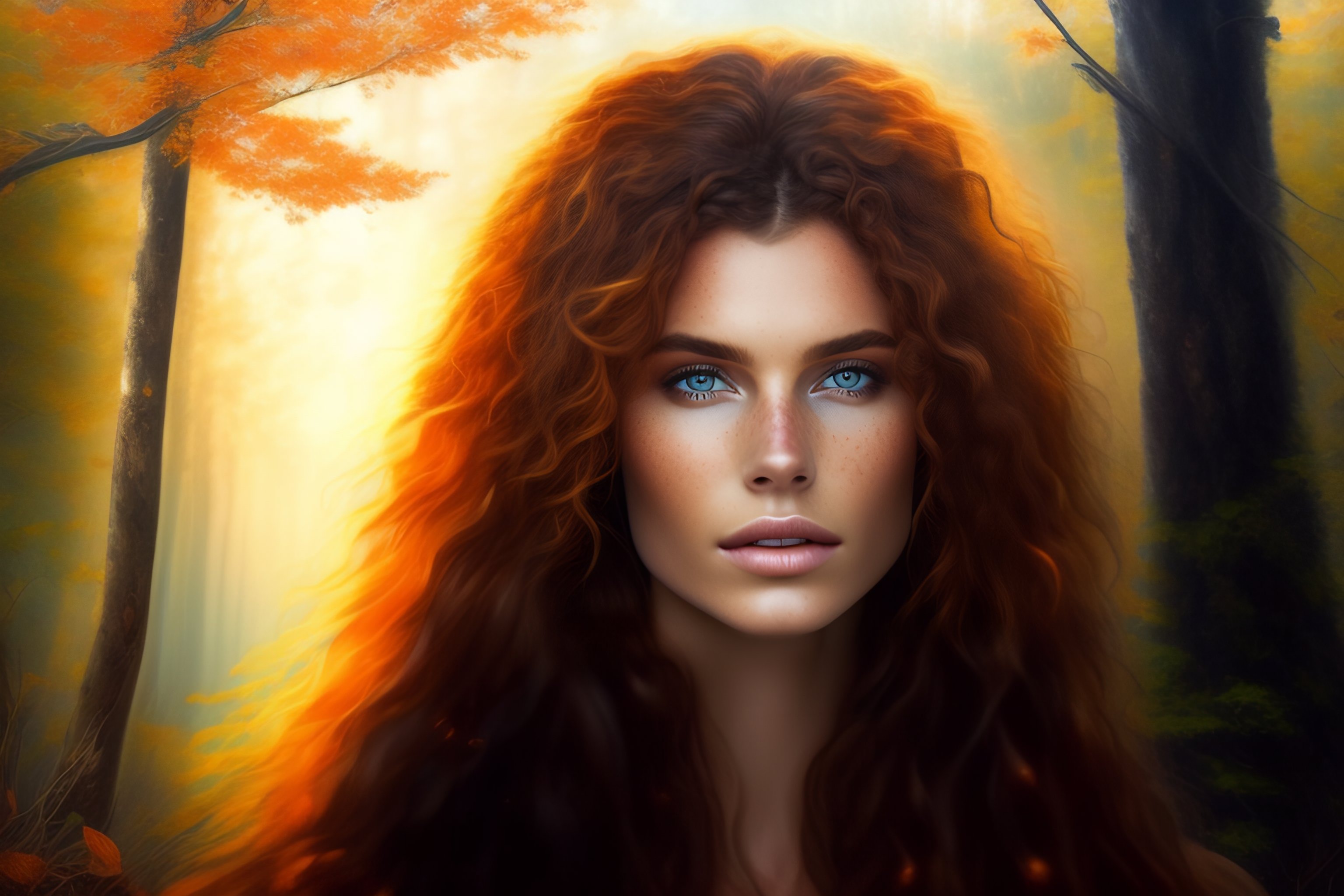 Lexica Brunette Wild Hair Orange Eyes Freckles Forest Woman 