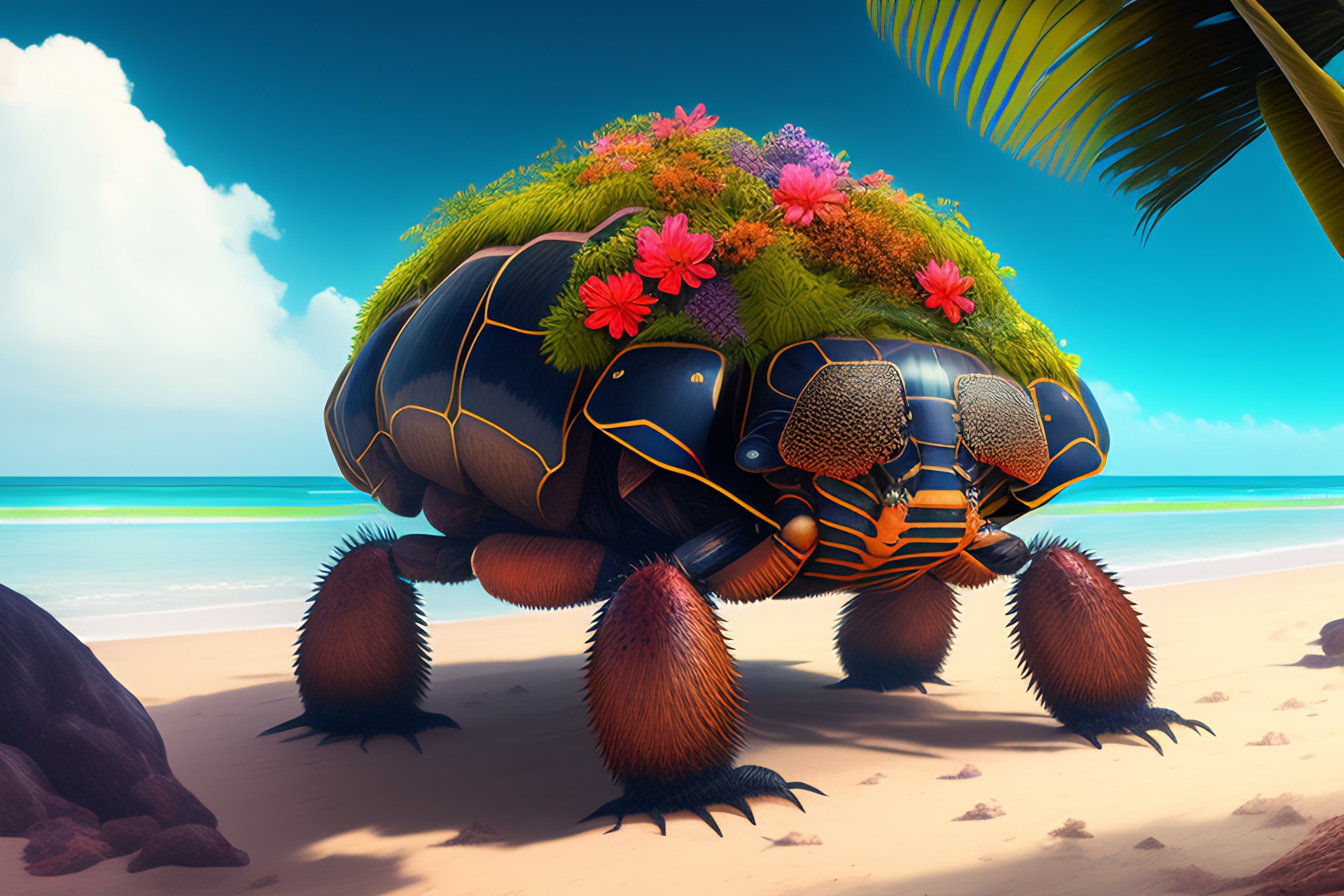 Lexica Giant coconut crab horror monster creature on tropical beach