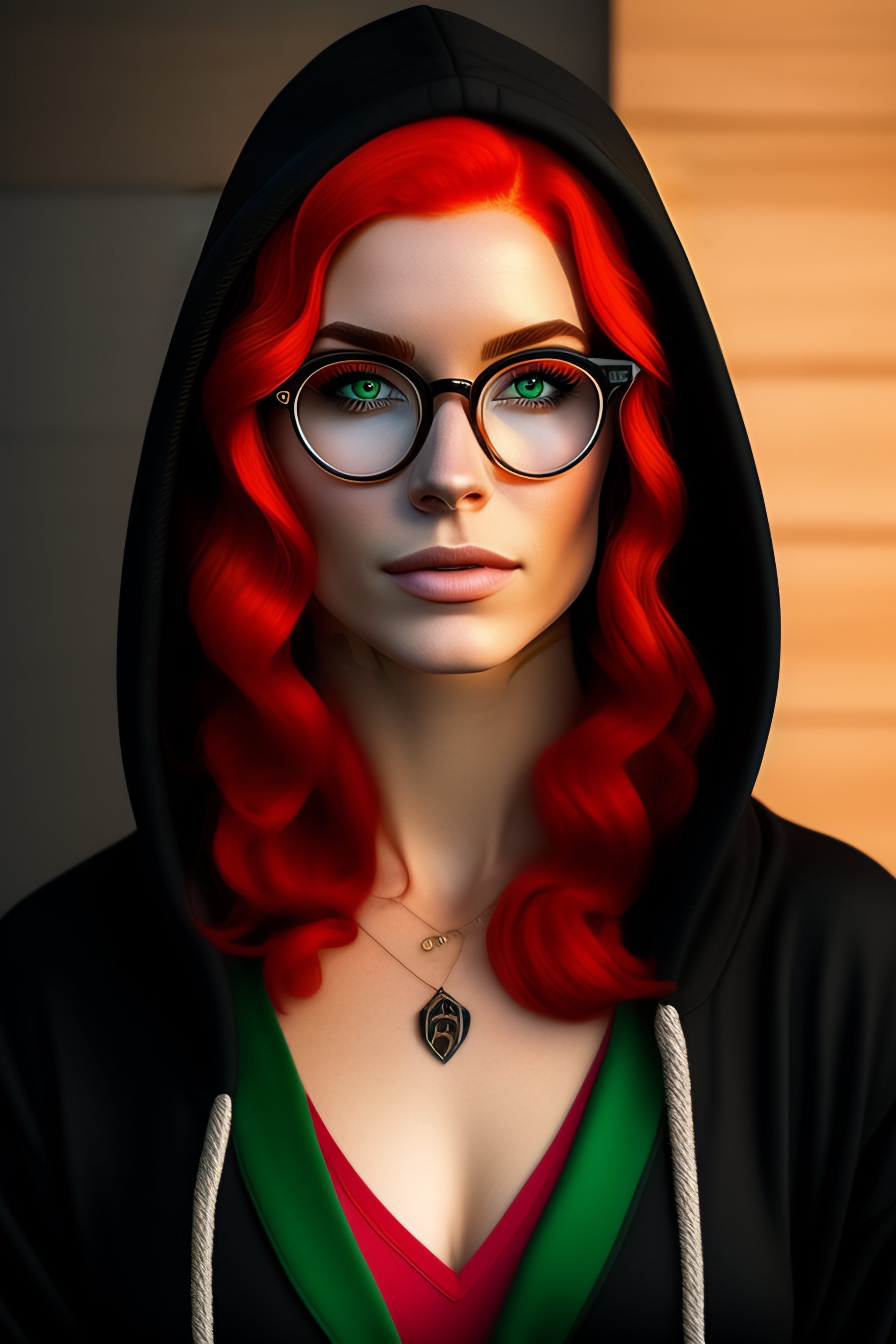 Lexica - A woman with red hair, green eyes, a Harry Potter glasses, and a  septum piercing. She is wearing a baggy black hoodie.