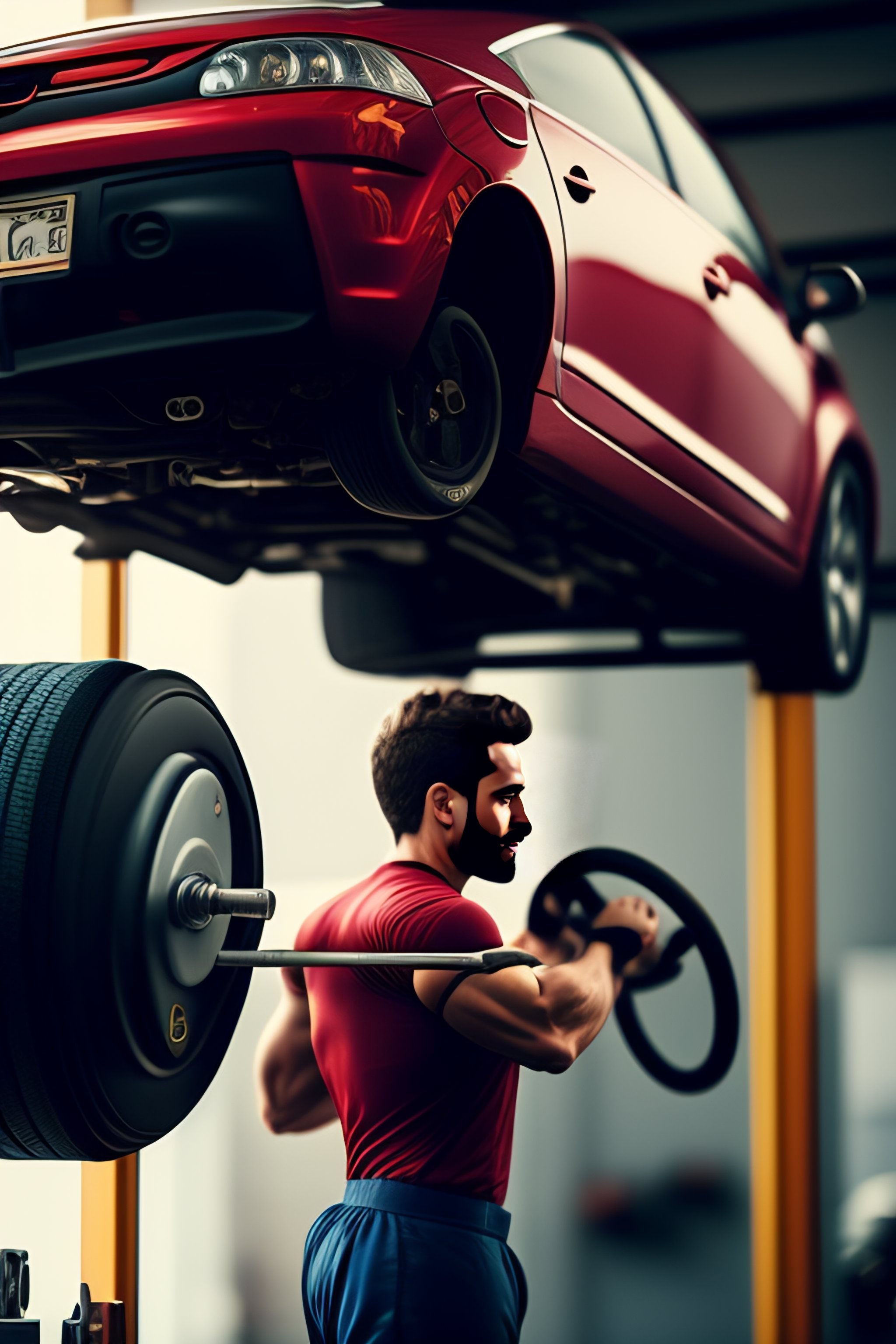 Lexica A car mechanic lifting a car, realistm