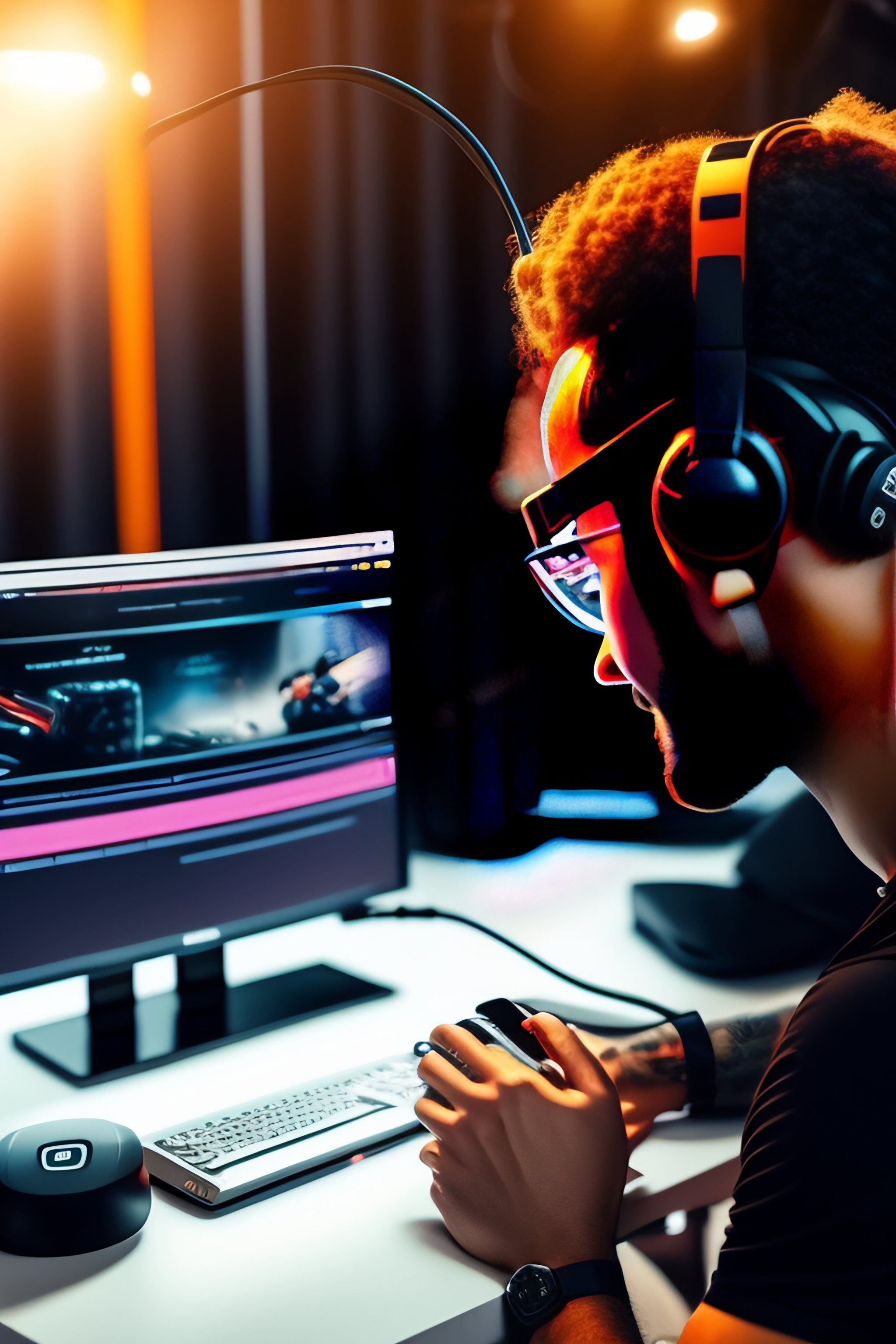 Lexica Youtuber typing on a mechanic keyboard with three screens in