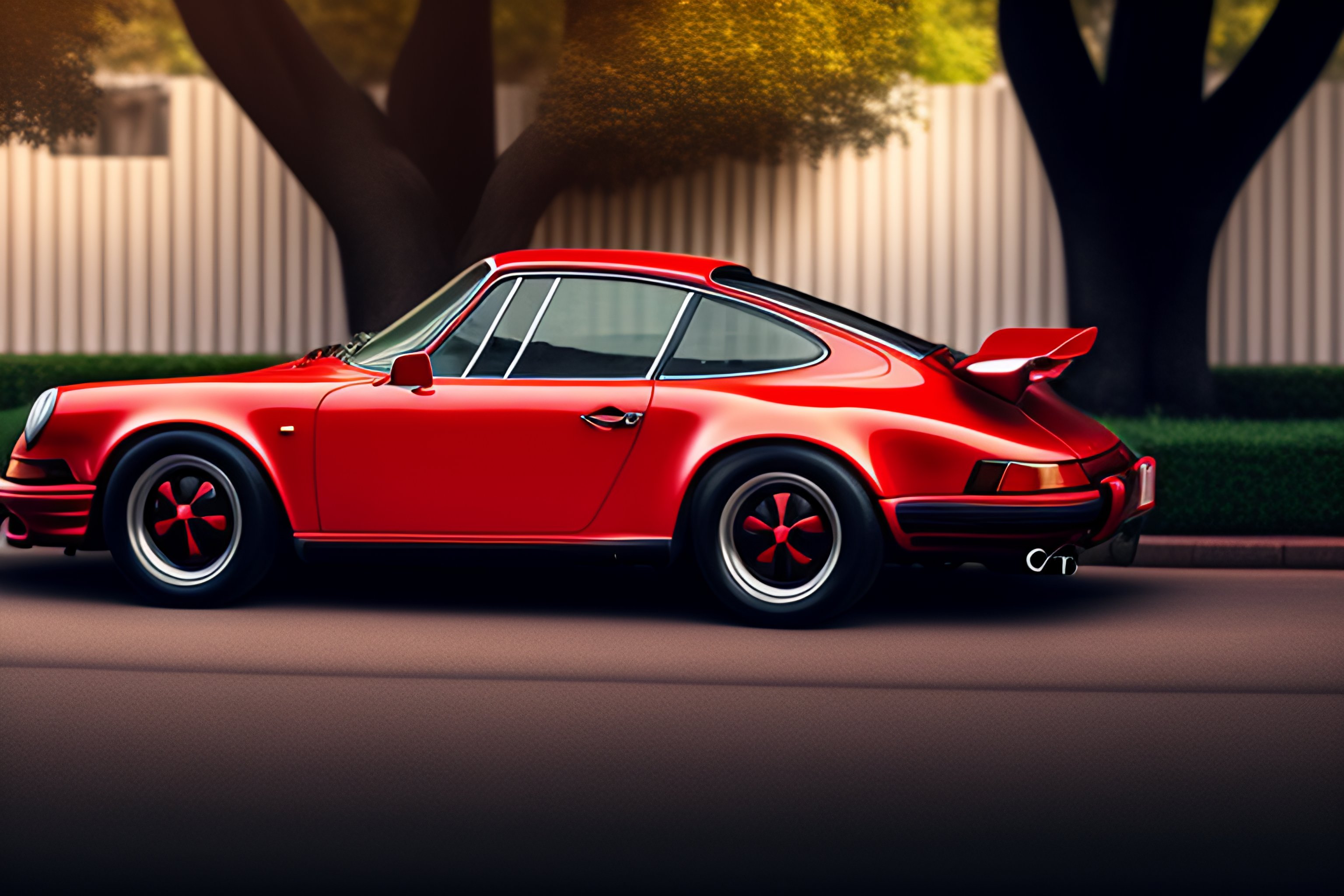 Lexica A red Porsche 911, under a tree, on a street, hyper realistic