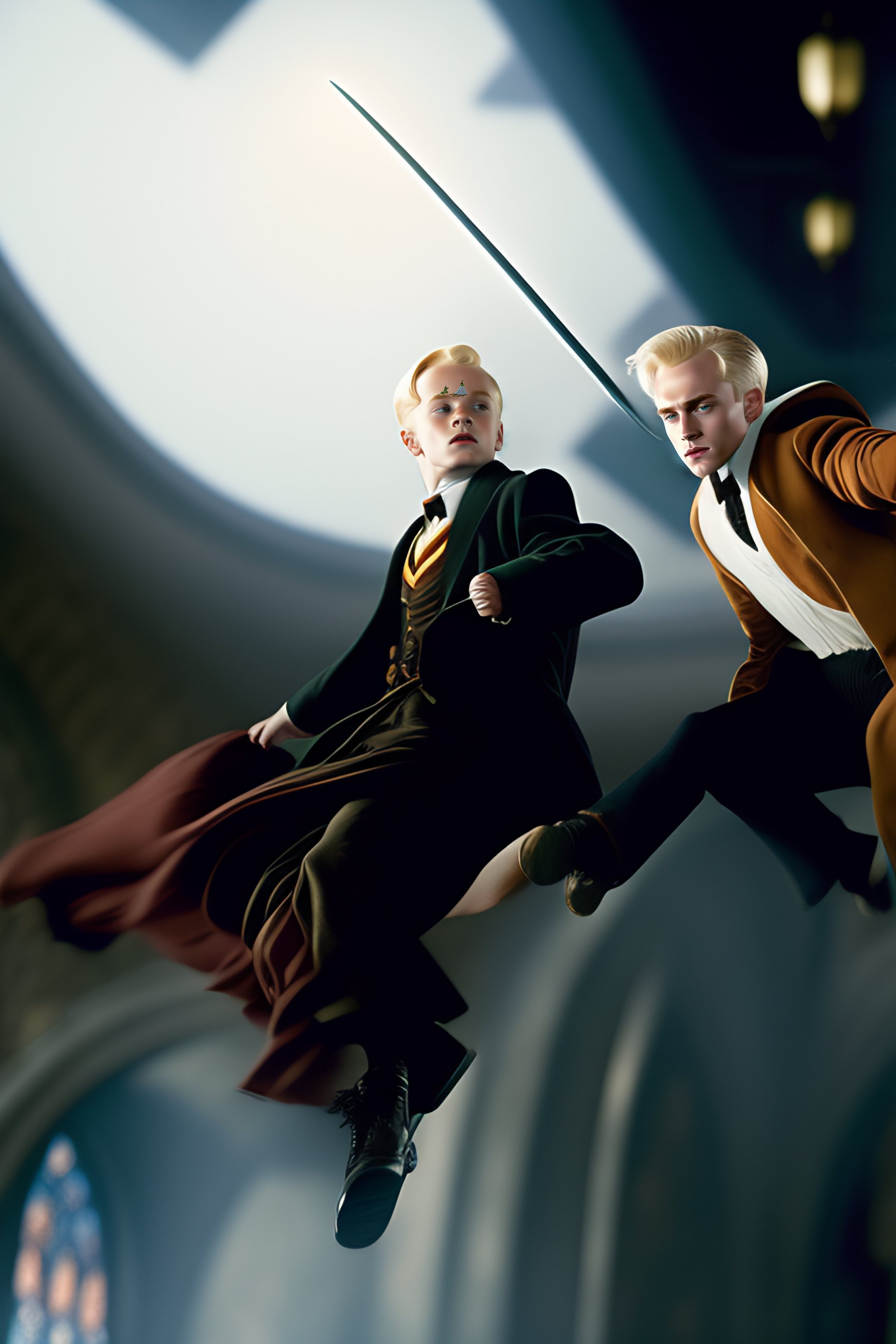 Lexica - Harry Potter and Draco Malfoy flying on a broom in Hogwarts